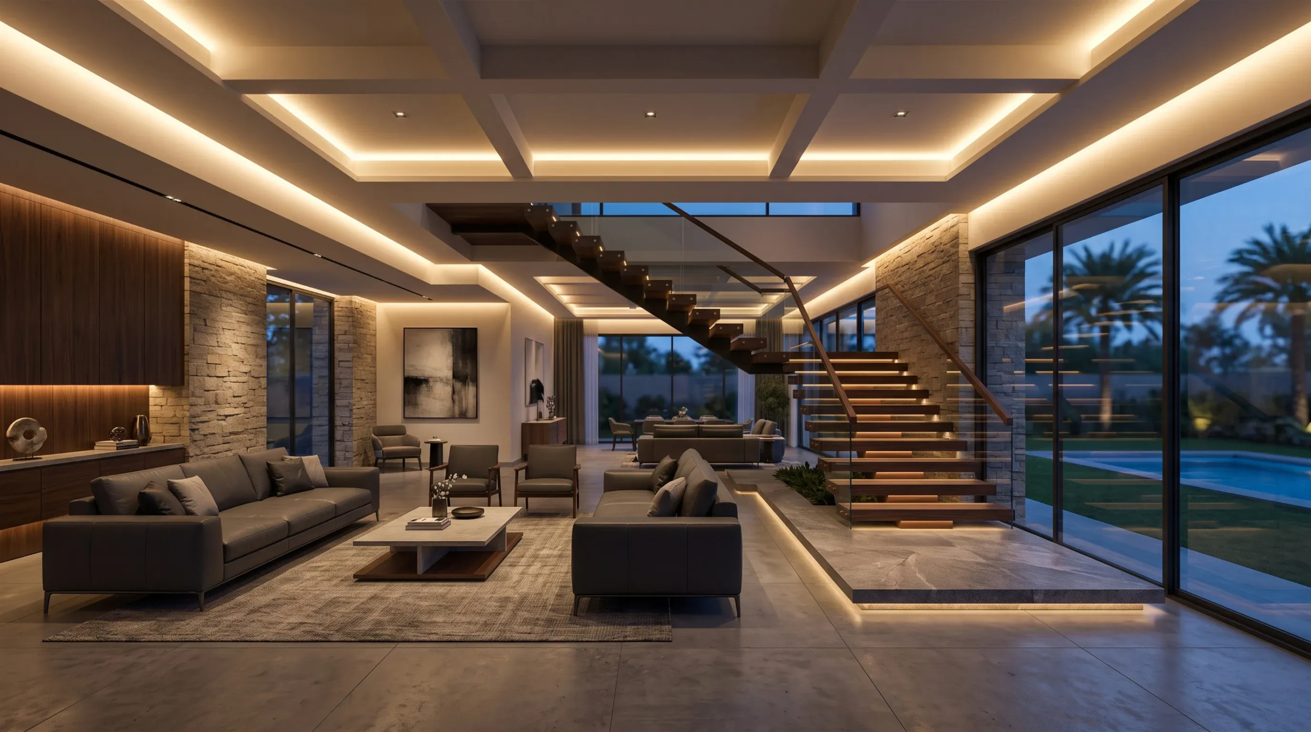Sala de estar de lujo de doble altura con iluminación LED indirecta, cielo raso artesonado, escalera flotante de madera con barandal de vidrio y puertas de piso a techo hacia una alberca, diseño volumétrico de RBA Residences en Zapopan.