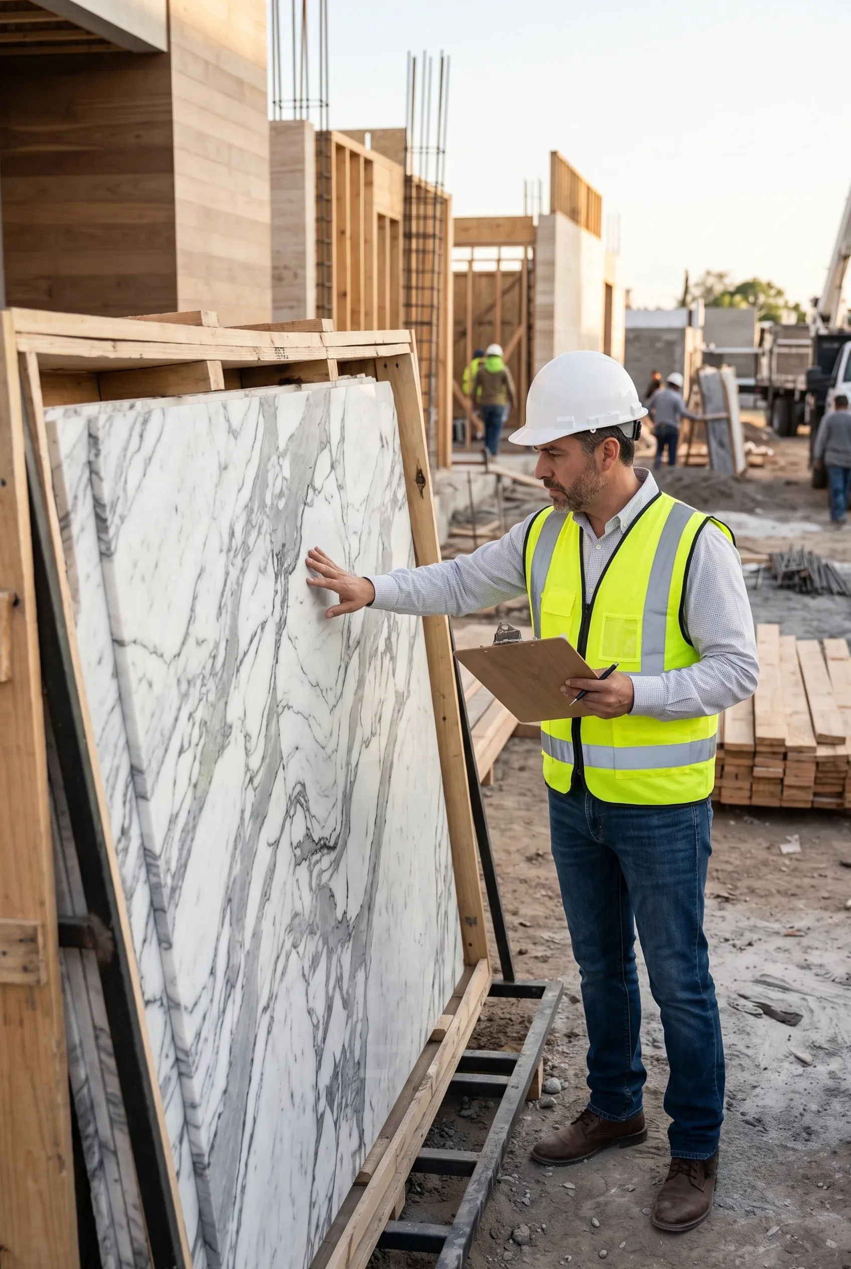 Inspector de obra revisando grandes losas de mármol en cajas de madera en un sitio de construcción, recepción de materiales premium de RBA Residences en Zapopan.