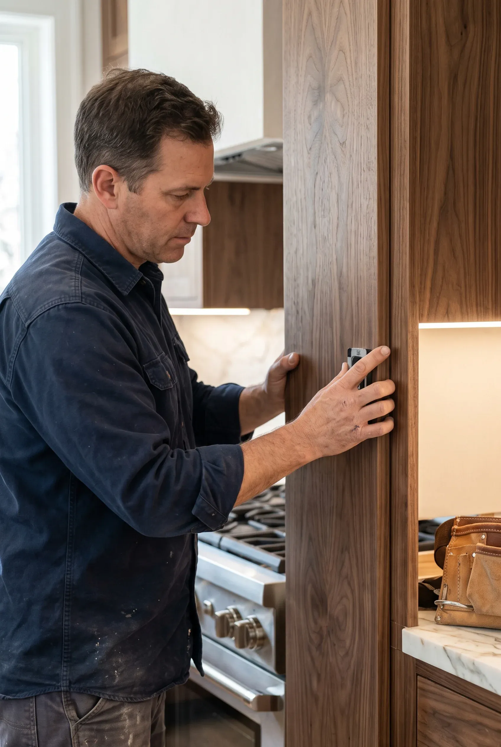 Carpintero inspeccionando y ajustando gabinetes personalizados de madera de nogal en una cocina moderna de lujo, carpintería a medida de RBA Residences en Zapopan.