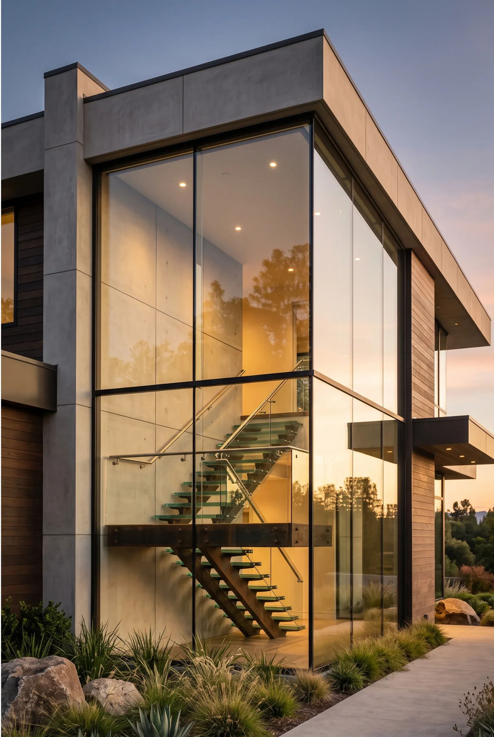 Fachada moderna de dos niveles con ventanales que enmarcan una escalera flotante e iluminación interior cálida, diseño arquitectónico de RBA Residences en Zapopan.