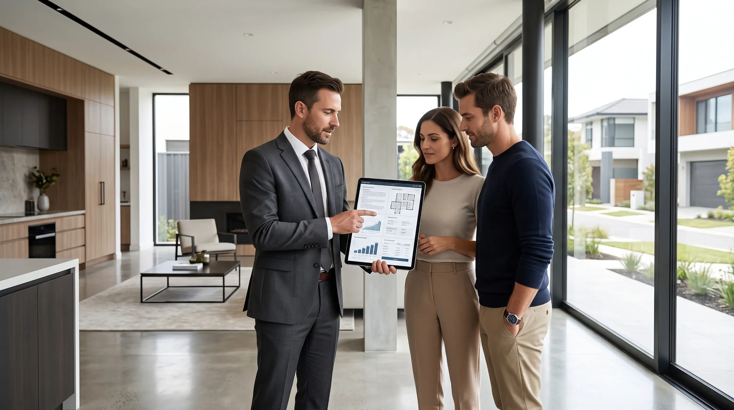 Agente inmobiliario presentando planos digitales y análisis de propiedad en una tableta a una pareja en una casa moderna, asesoría personalizada de RBA Residences en Zapopan.
