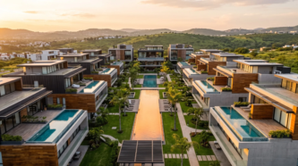 Vista aérea de complejo residencial de lujo con villas modernas, albercas privadas en azotea, alberca central y jardines, planificación maestra de RBA Residences en Zapopan.