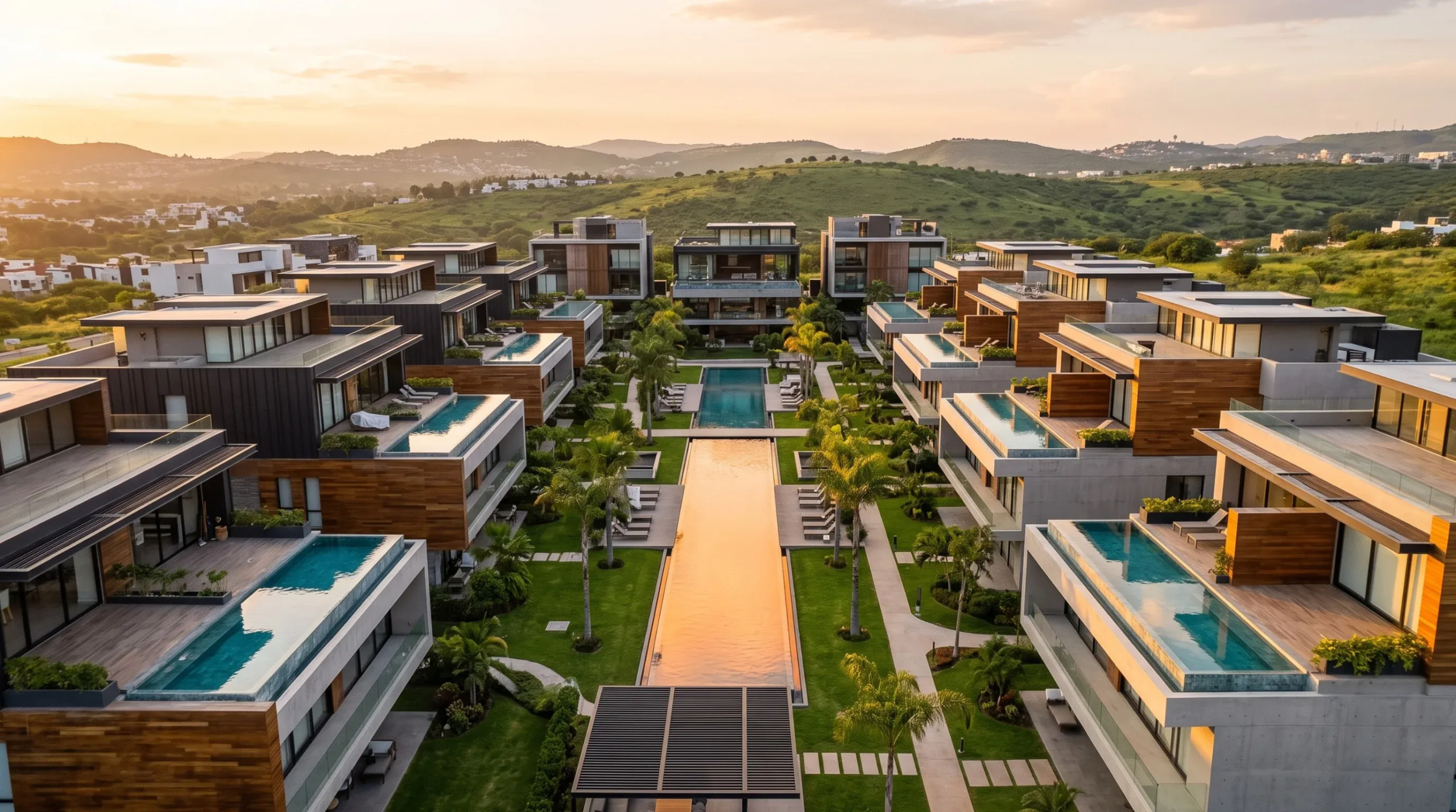 Vista aérea de complejo residencial de lujo con villas modernas, albercas privadas en azotea, alberca central y jardines, planificación maestra de RBA Residences en Zapopan.