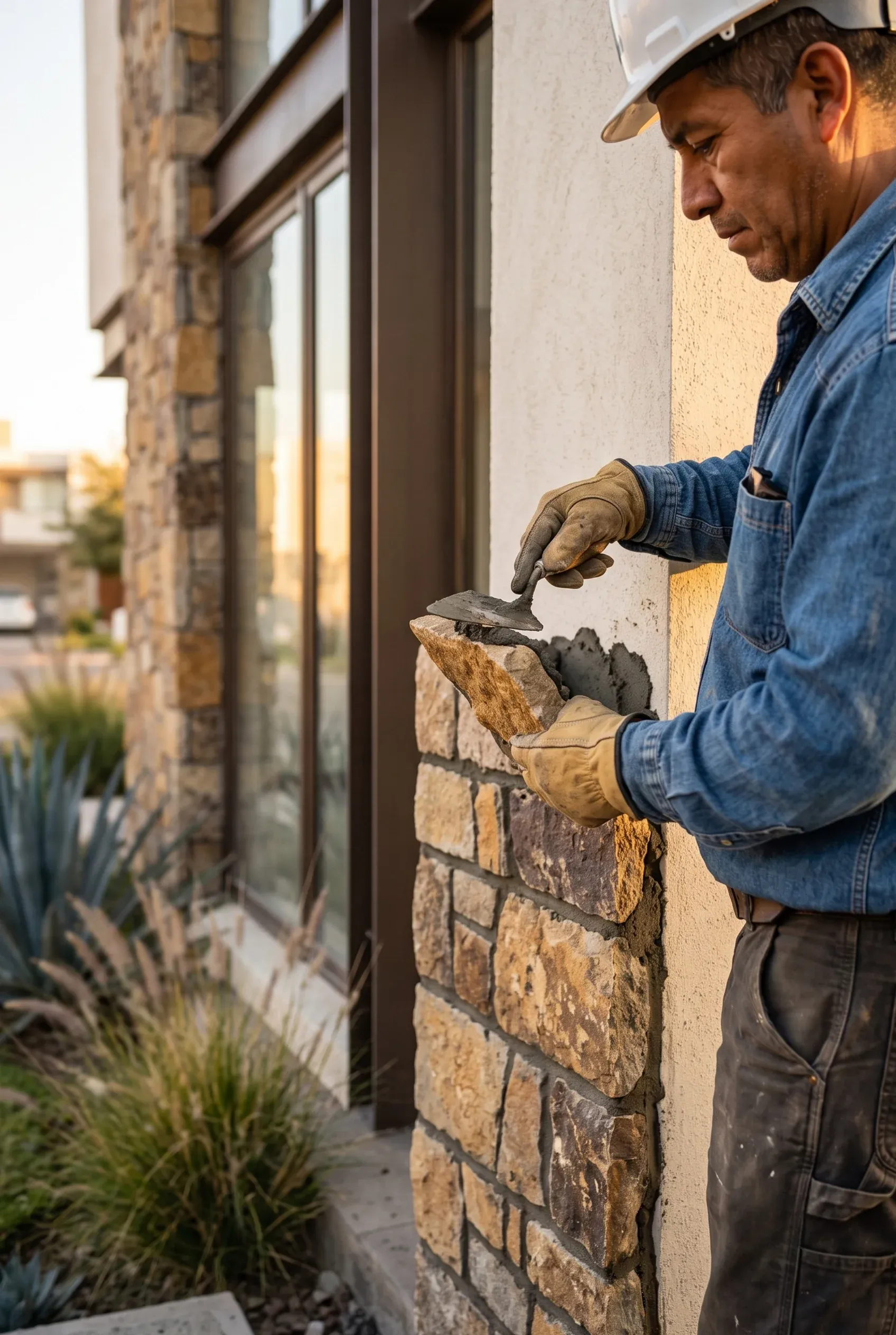 Trabajador aplicando mortero para instalar recubrimiento de piedra en una pared exterior, ejecución artesanal de fachadas por RBA Residences en Zapopan.