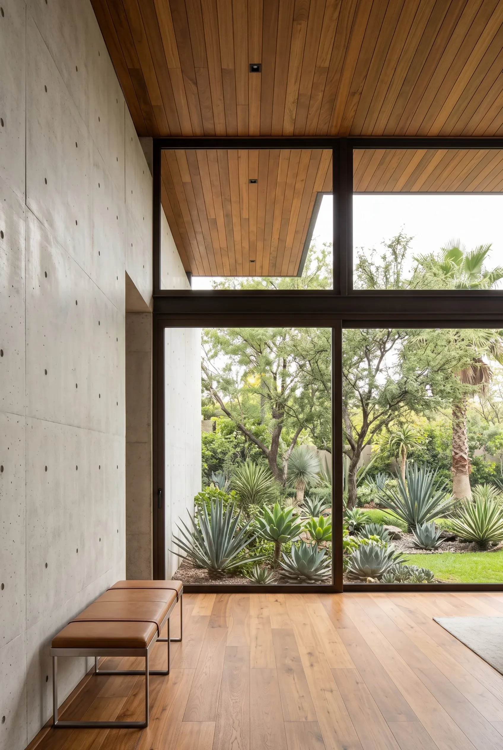 Interior moderno con ventanales de piso a techo, muro de concreto, techo de madera y vista a jardín paisajístico, diseño de RBA Residences en Zapopan.