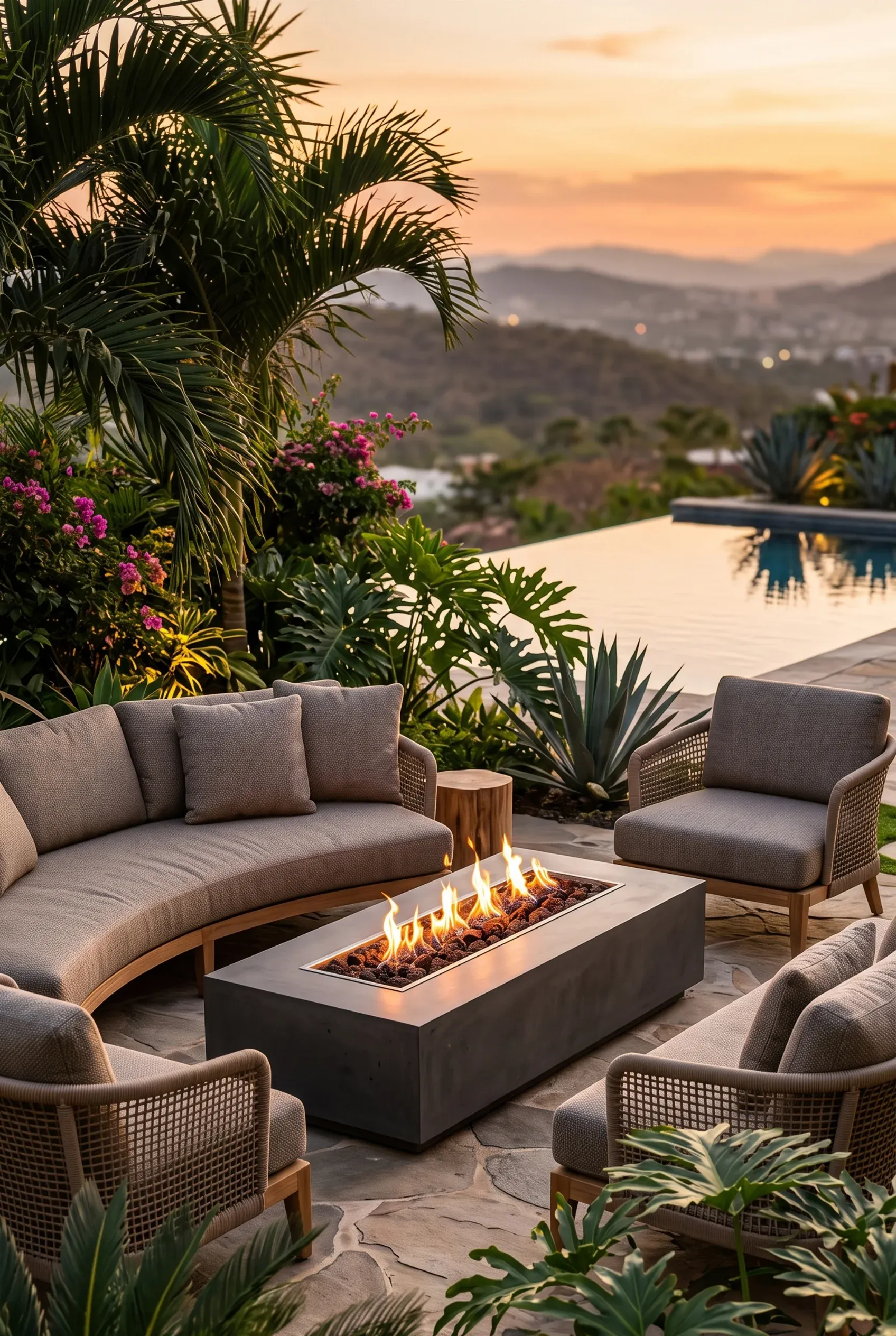 Área de estar exterior de lujo con fogata rectangular de gas en concreto, sillones acolchados, vegetación tropical y alberca infinita con vista al atardecer, diseño de exteriores de RBA Residences en Zapopan.