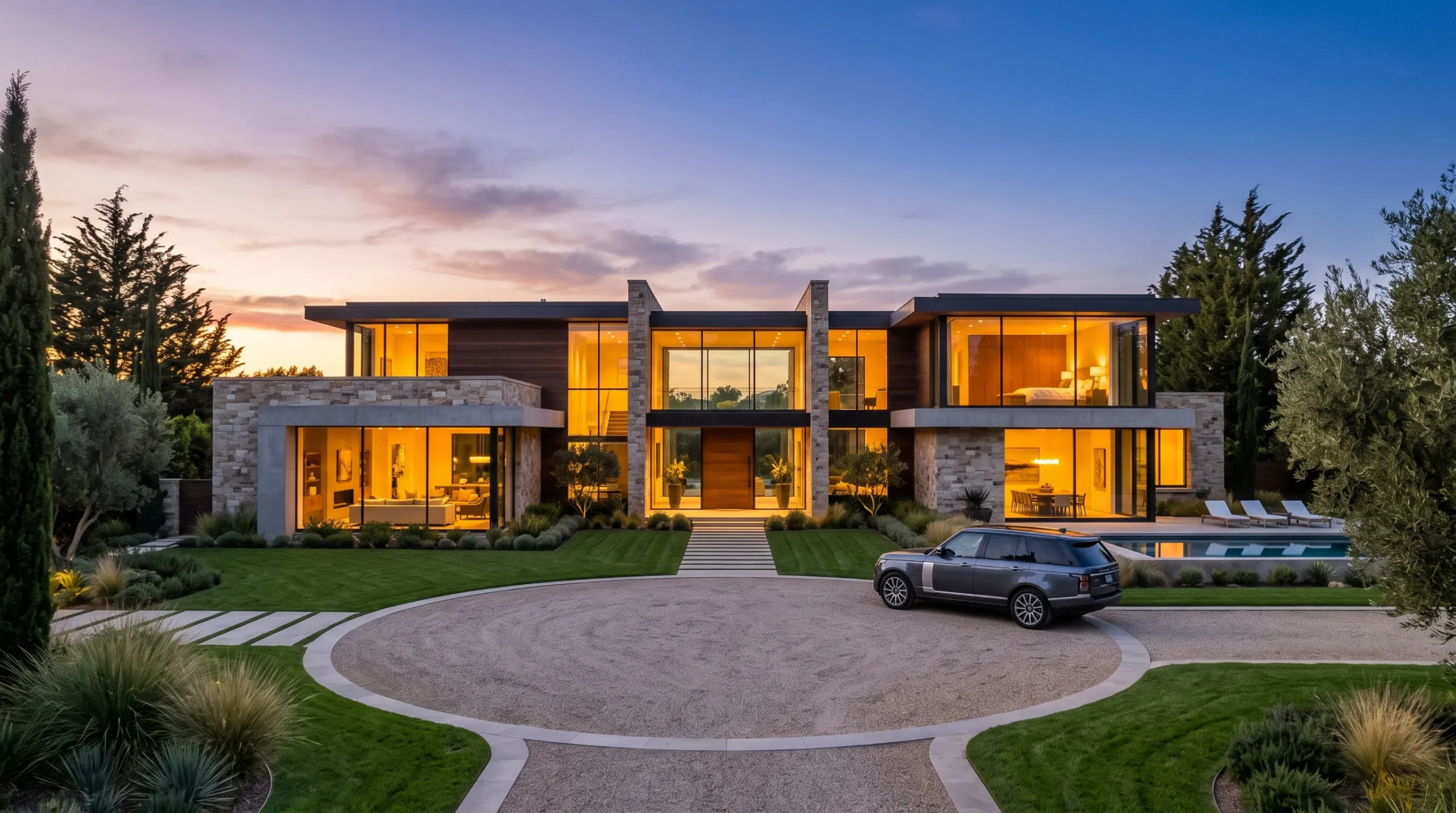 Fachada de exclusiva residencia moderna con muros de vidrio expansivos, revestimiento de piedra y madera, iluminación interior cálida, entrada de grava circular y alberca, diseño exterior de RBA Residences en Zapopan.