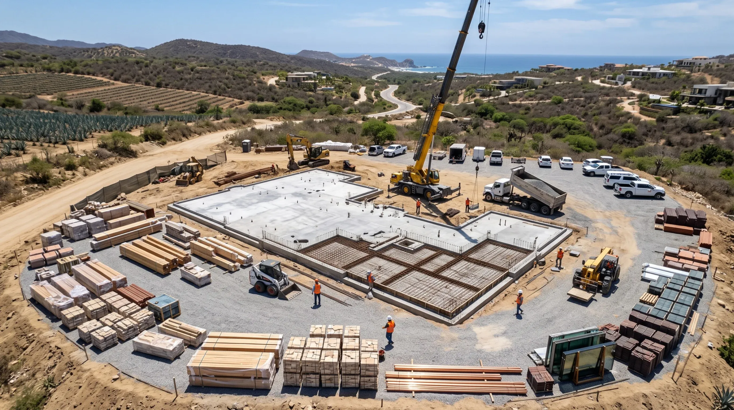 Vista aérea de sitio de construcción residencial costera con losa de cimentación de concreto recién colada, materiales organizados y maquinaria pesada, preparación de obra de RBA Residences en Zapopan.