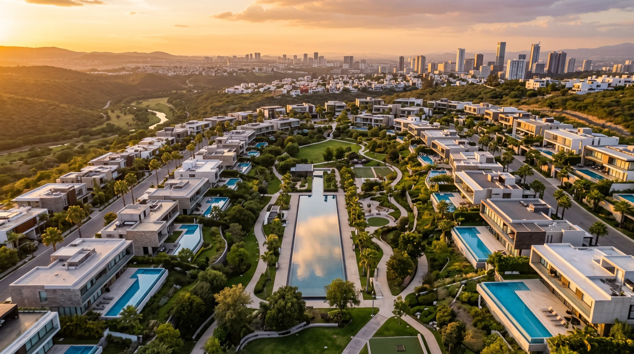 Vista aérea al atardecer de exclusiva comunidad residencial moderna con villas de techo plano, albercas privadas, jardines centrales con espejo de agua y horizonte urbano sobre colinas, desarrollo de RBA Residences en Zapopan.