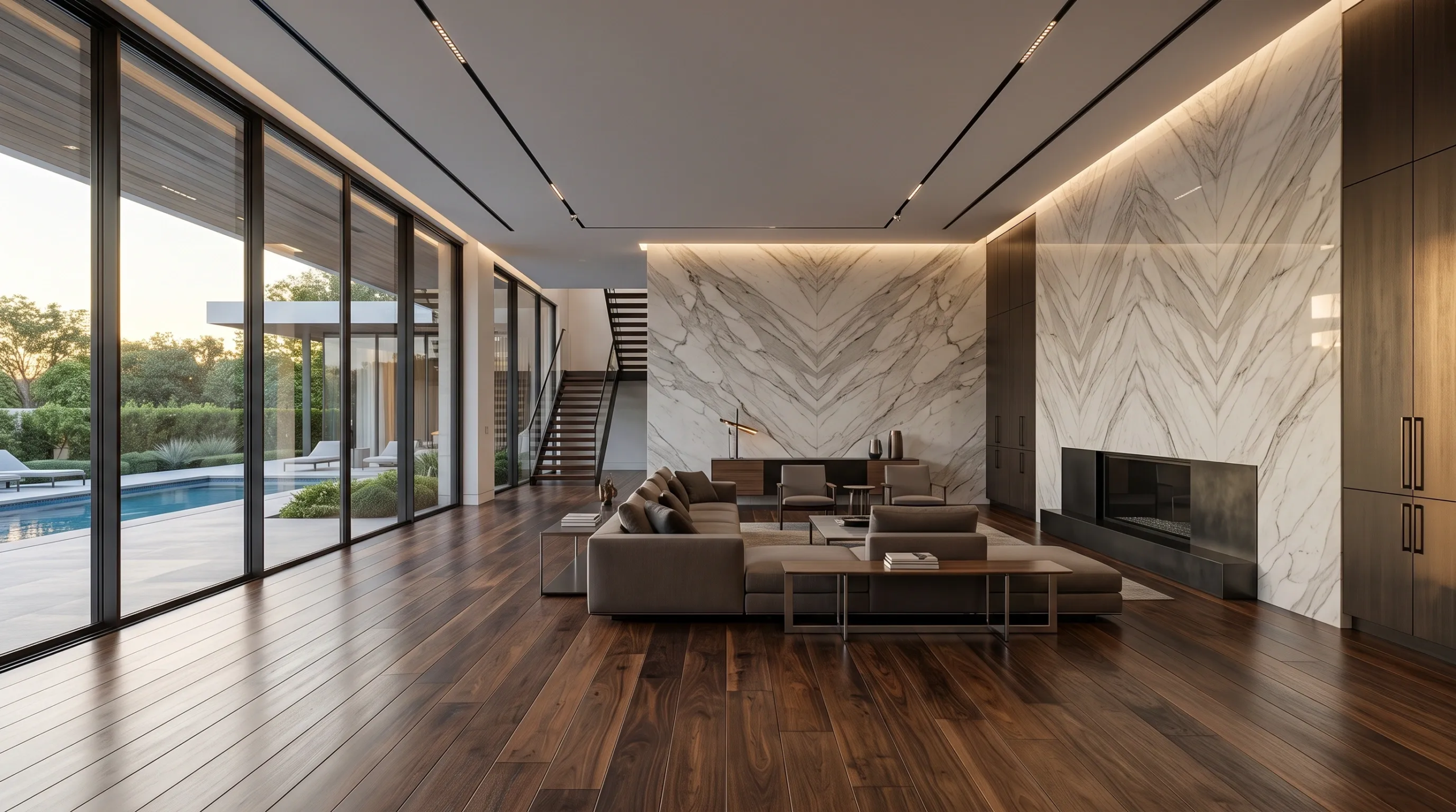 Sala de estar de lujo contemporánea con pisos de madera oscura, puertas corredizas de vidrio de piso a techo con vista a alberca exterior, iluminación cálida integrada y pared de acento de mármol a libro con chimenea moderna, diseño de interiores de RBA Residences en Zapopan.