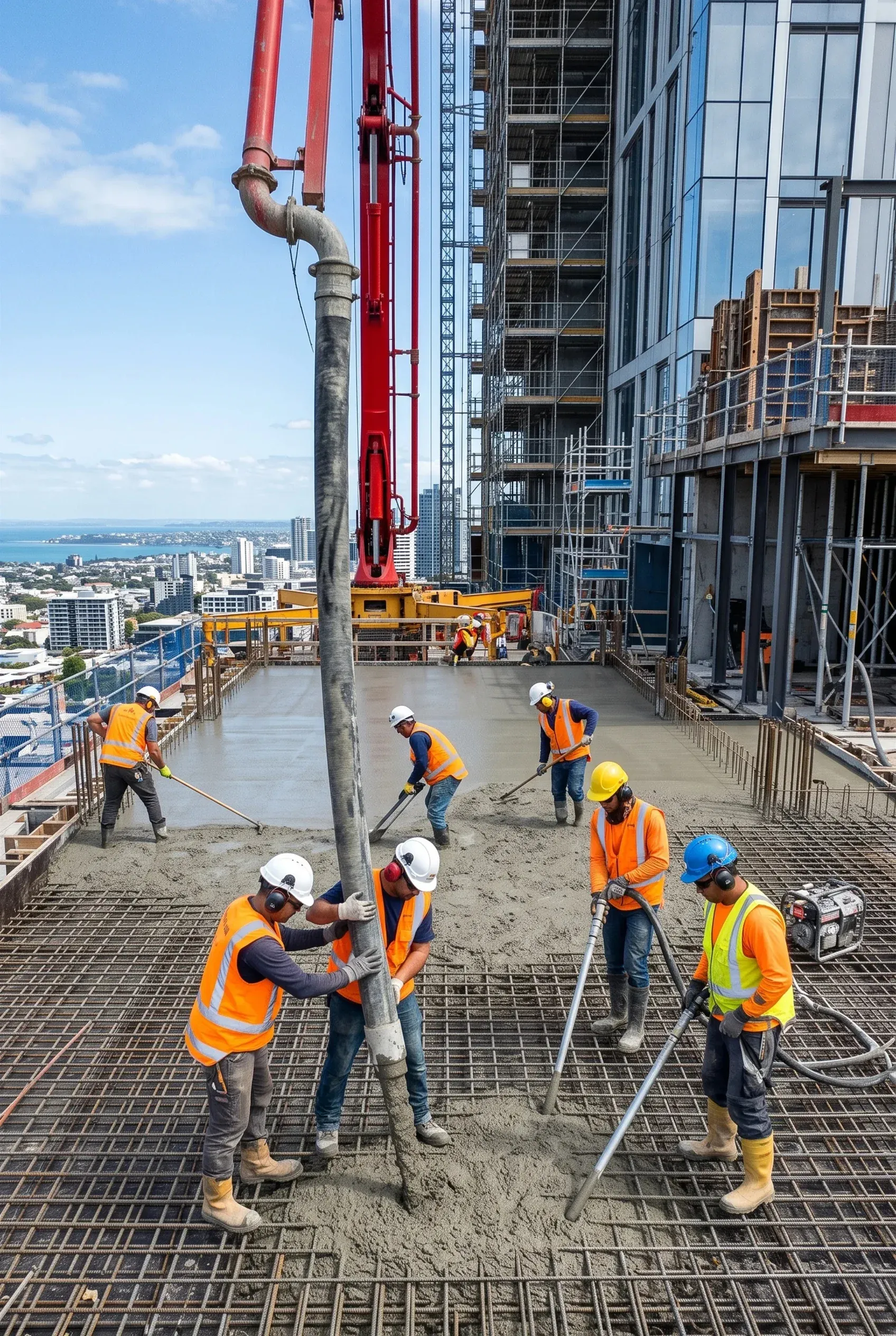 Equipo de construcción vertiendo y nivelando concreto con manguera de bomba en un piso de edificio en altura, ejecución estructural de RBA Residences en Zapopan.