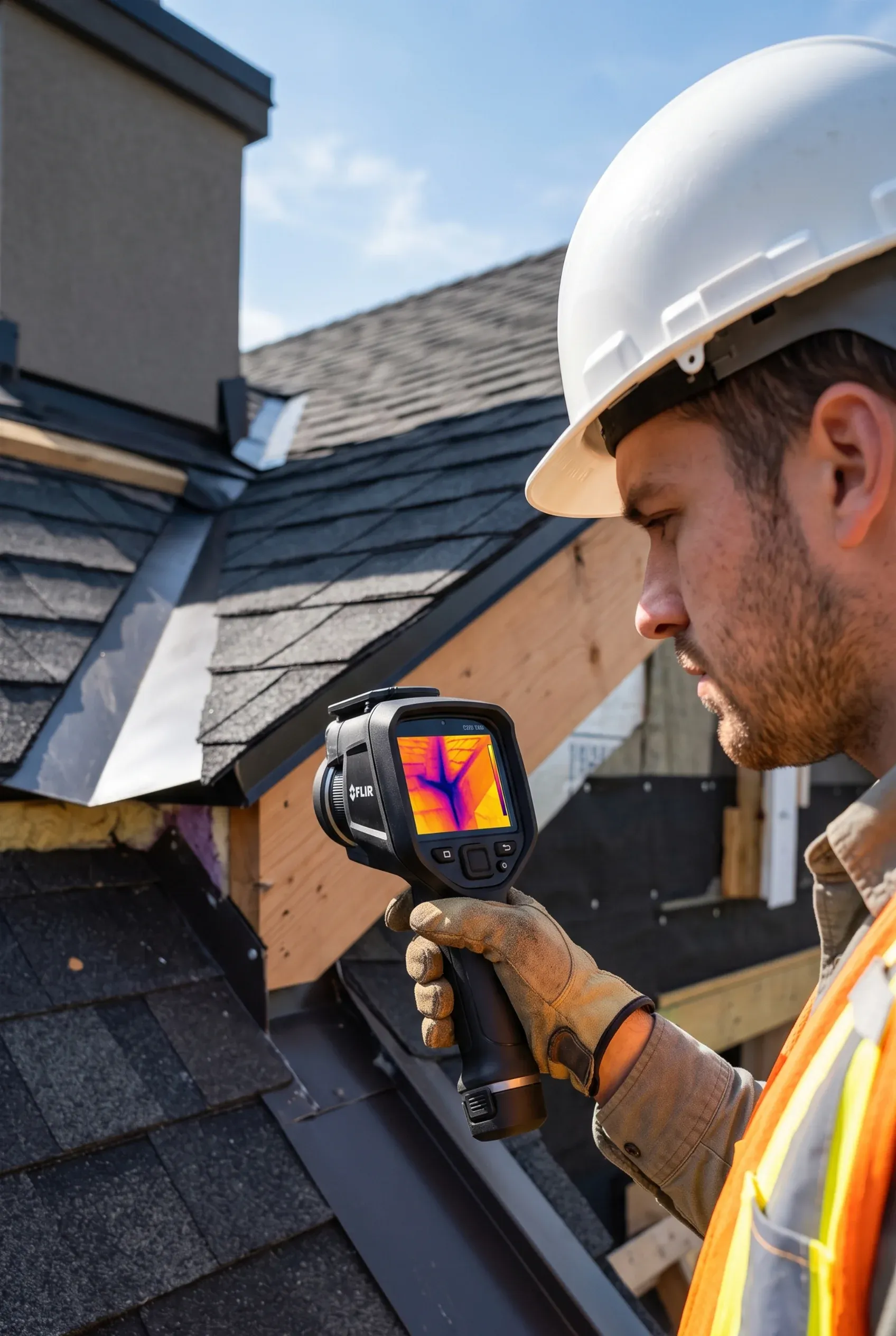 Inspector utilizando cámara térmica FLIR para revisar aislamiento de techo y detectar pérdida de calor, diagnóstico energético de RBA Residences en Zapopan.