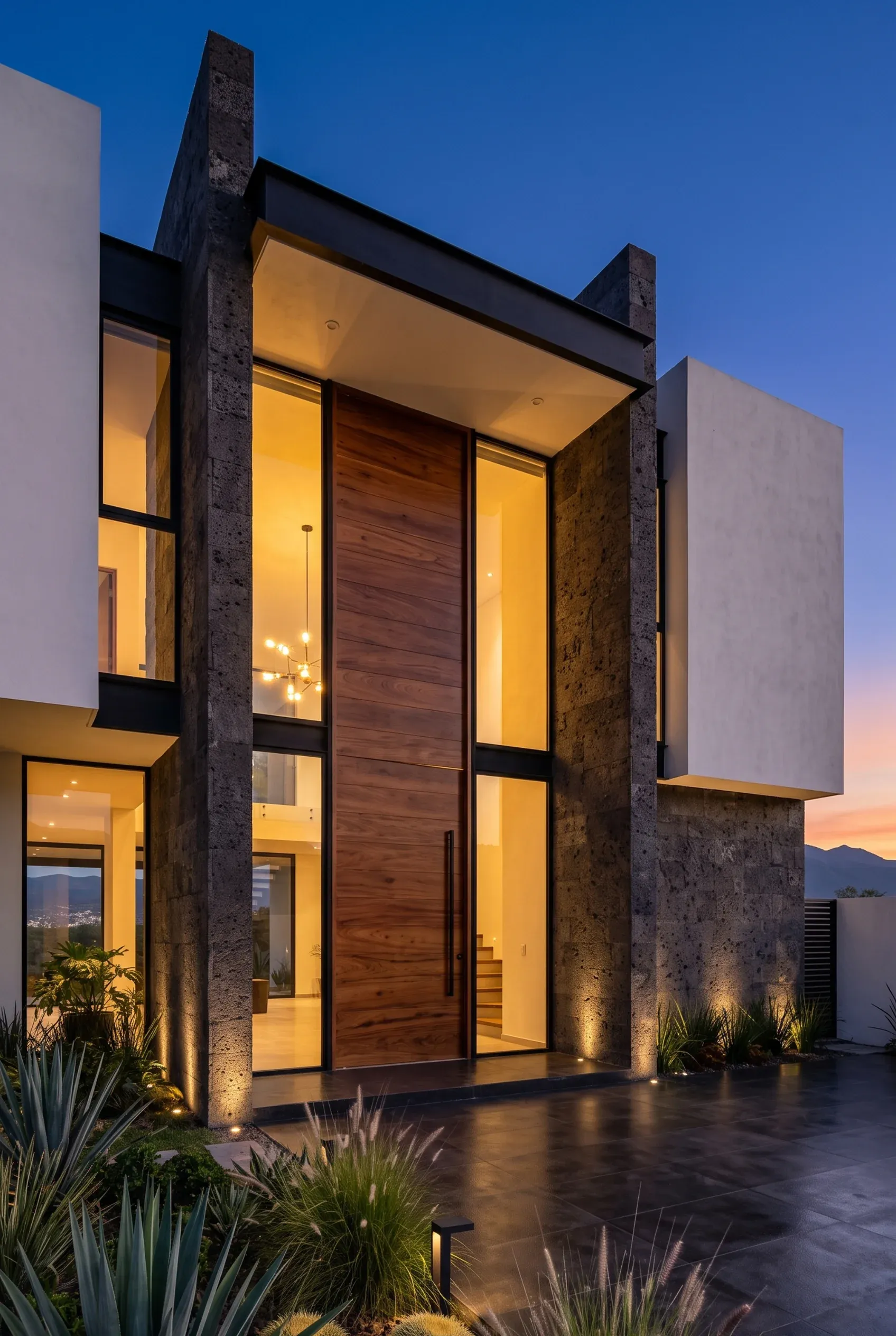 Entrada de casa de lujo con puerta principal de madera a medida, ventanales laterales de vidrio y pilares de piedra oscura iluminados al atardecer, diseño de accesos de RBA Residences en Zapopan.