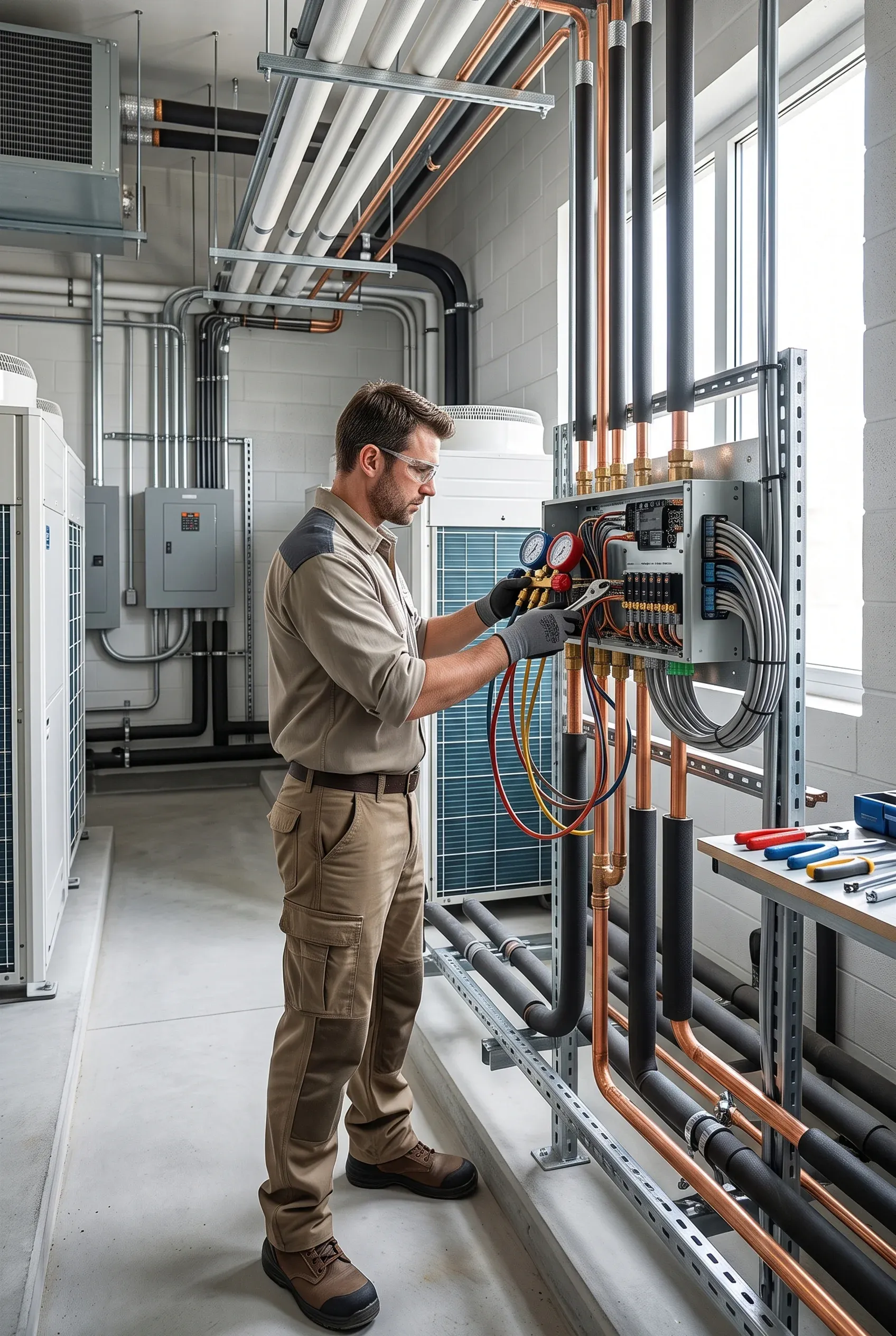 Técnico de HVAC ajustando manómetros de presión conectados a un panel de control de tuberías de cobre en una sala de equipos comerciales, calibración de precisión de RBA Residences en Zapopan.