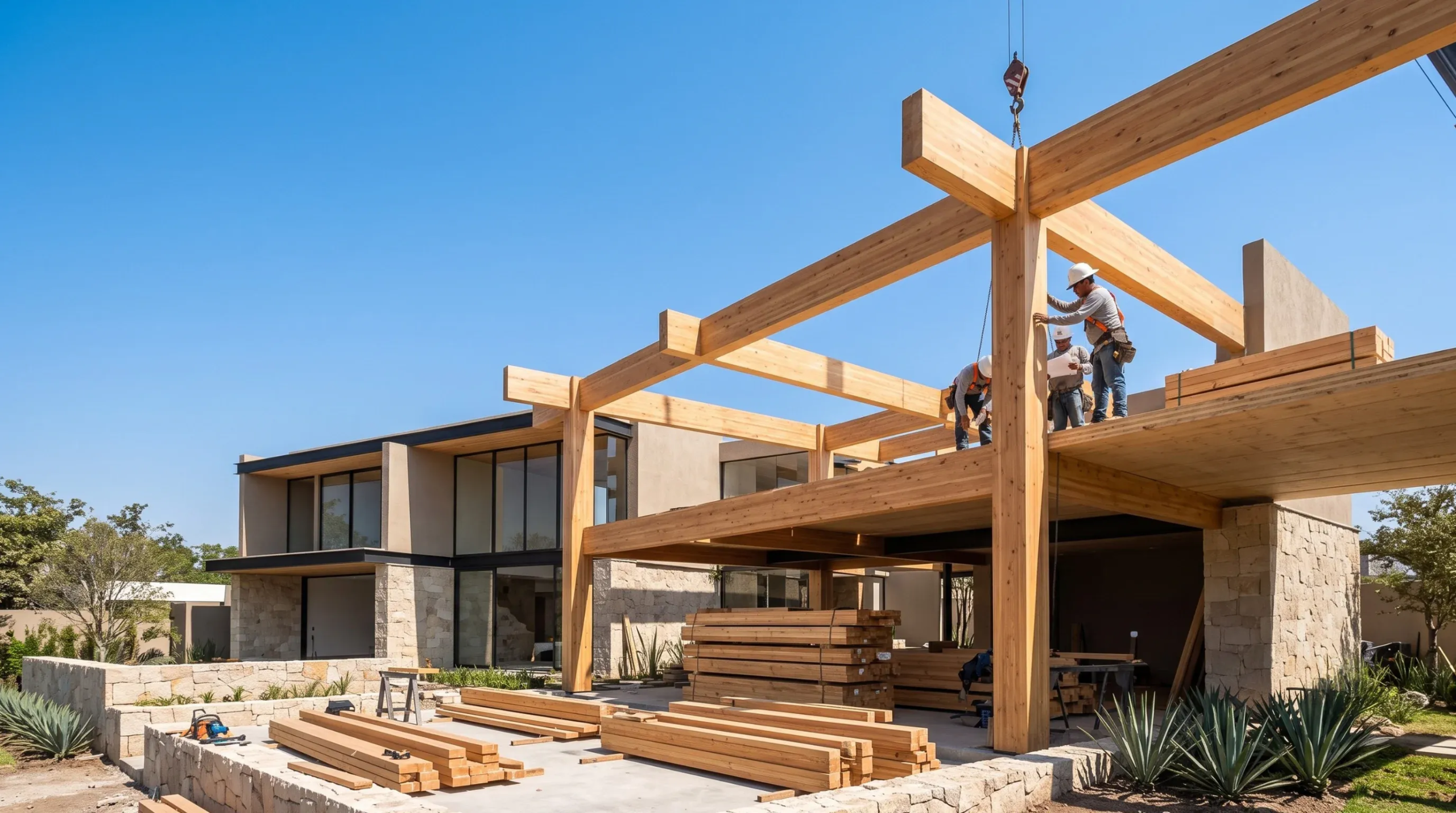 Trabajadores ensamblando una estructura de madera pesada con grúa en un sitio de construcción residencial, montaje estructural de RBA Residences en Zapopan.