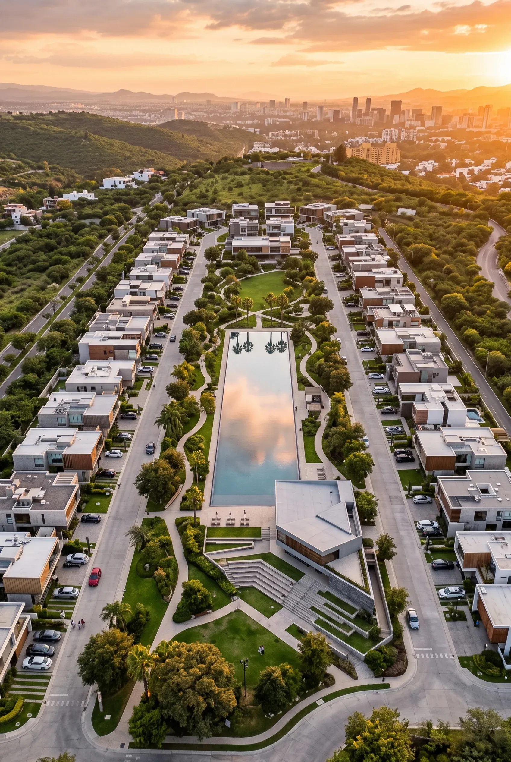 Vista aérea al atardecer de un desarrollo residencial moderno con alberca reflectante central, áreas verdes y vista al horizonte, proyecto de RBA Residences en Zapopan.