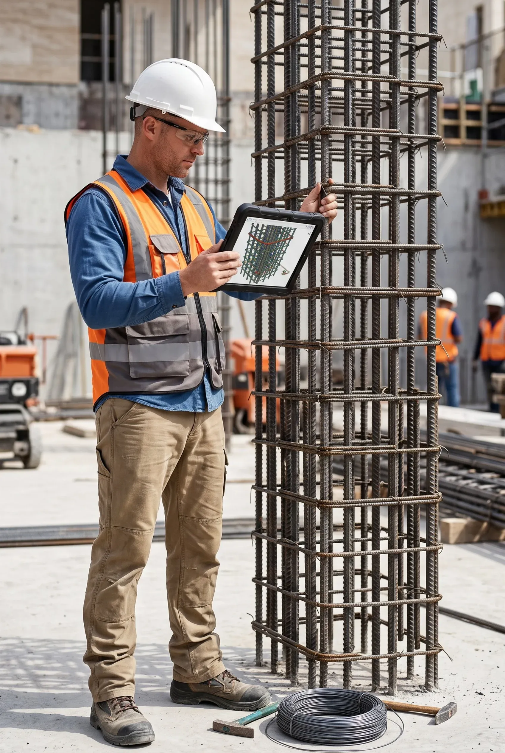 Ingeniero de construcción usando una tableta para inspeccionar una columna de acero con varillas en una obra activa, control estructural de RBA Residences en Zapopan.