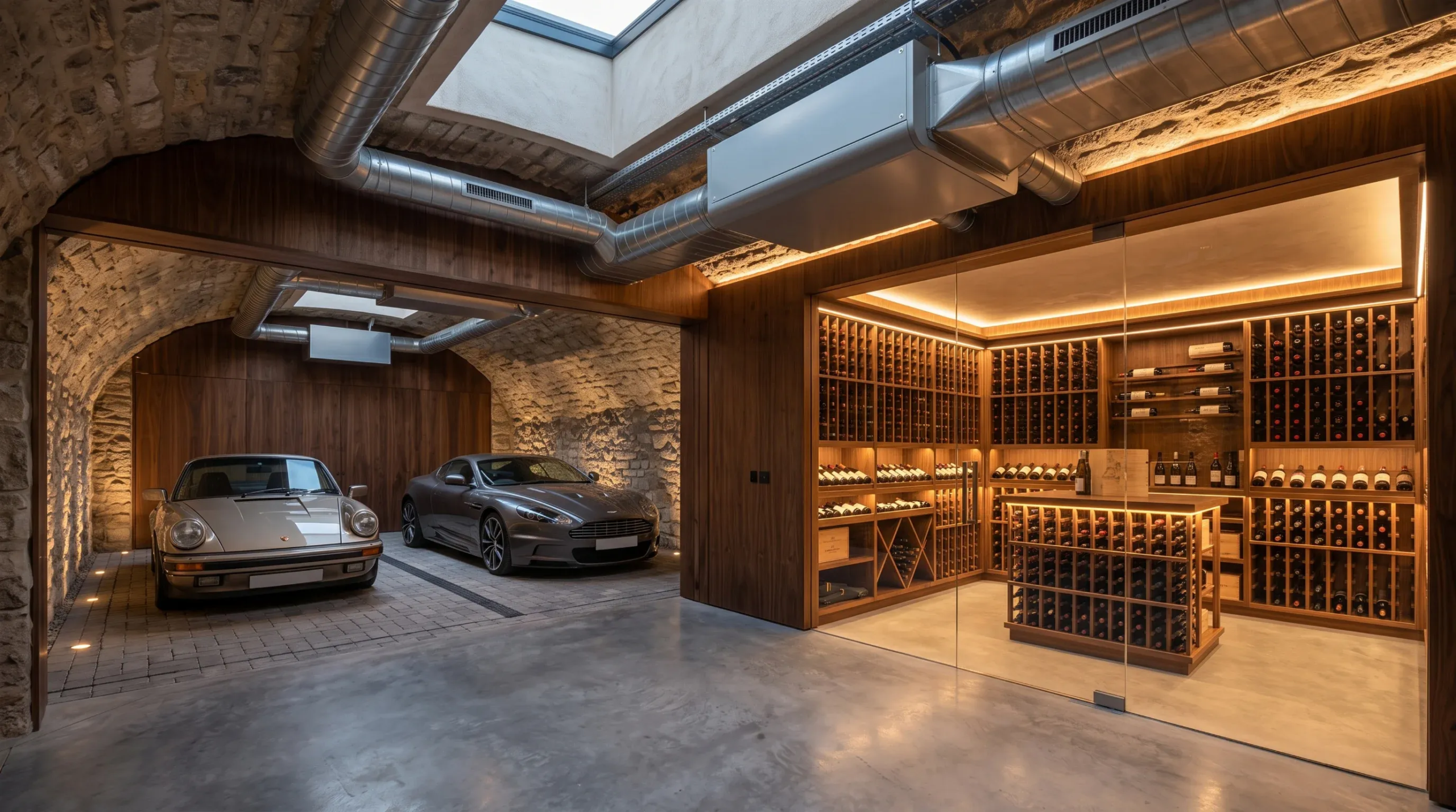 Garaje subterráneo de lujo y cava de vinos en sótano abovedado de piedra, con autos deportivos bajo tragaluces de ductos expuestos y cava climatizada con estantería de madera a medida, diseño de amenidades de RBA Residences en Zapopan.