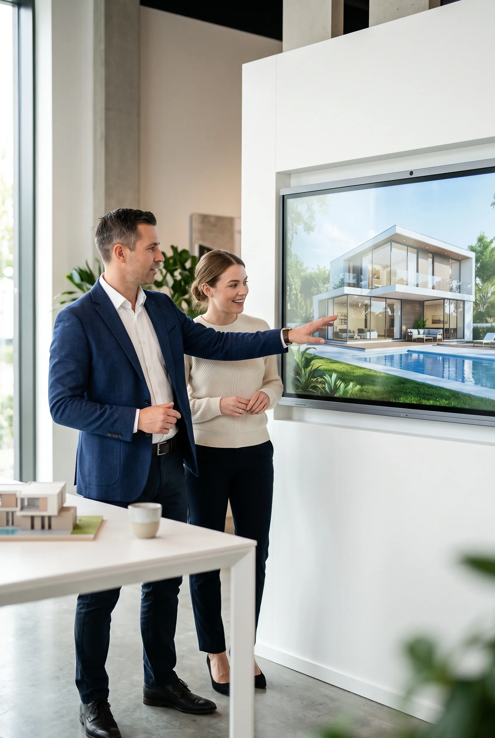 Asesor presentando un render digital de una casa de lujo moderna con alberca a un cliente en una pantalla grande, consultoría de proyectos de RBA Residences en Zapopan.