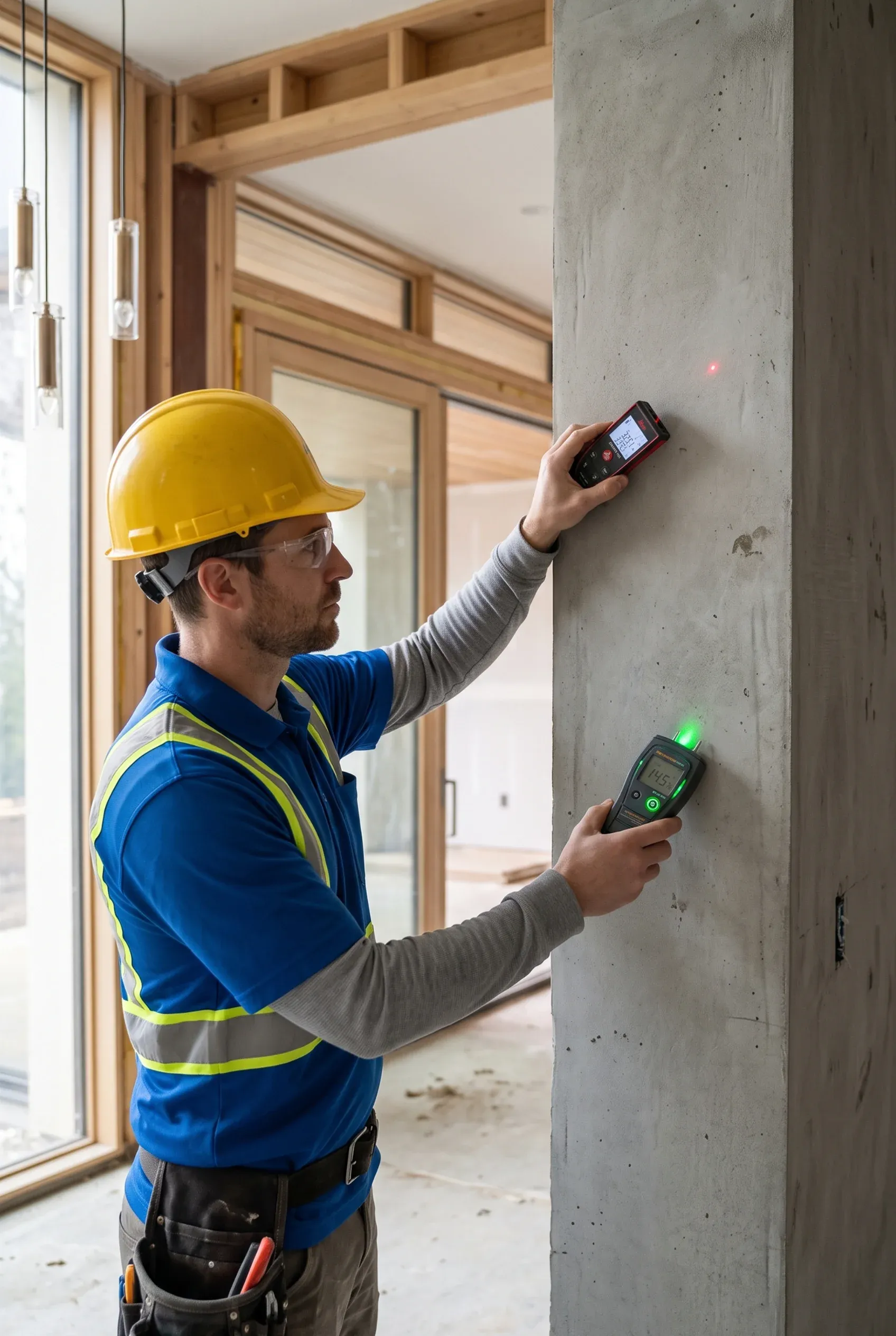 Inspector de construcción usando medidor láser digital y escáner de pared para inspeccionar una columna de concreto, control estructural de RBA Residences en Zapopan.
