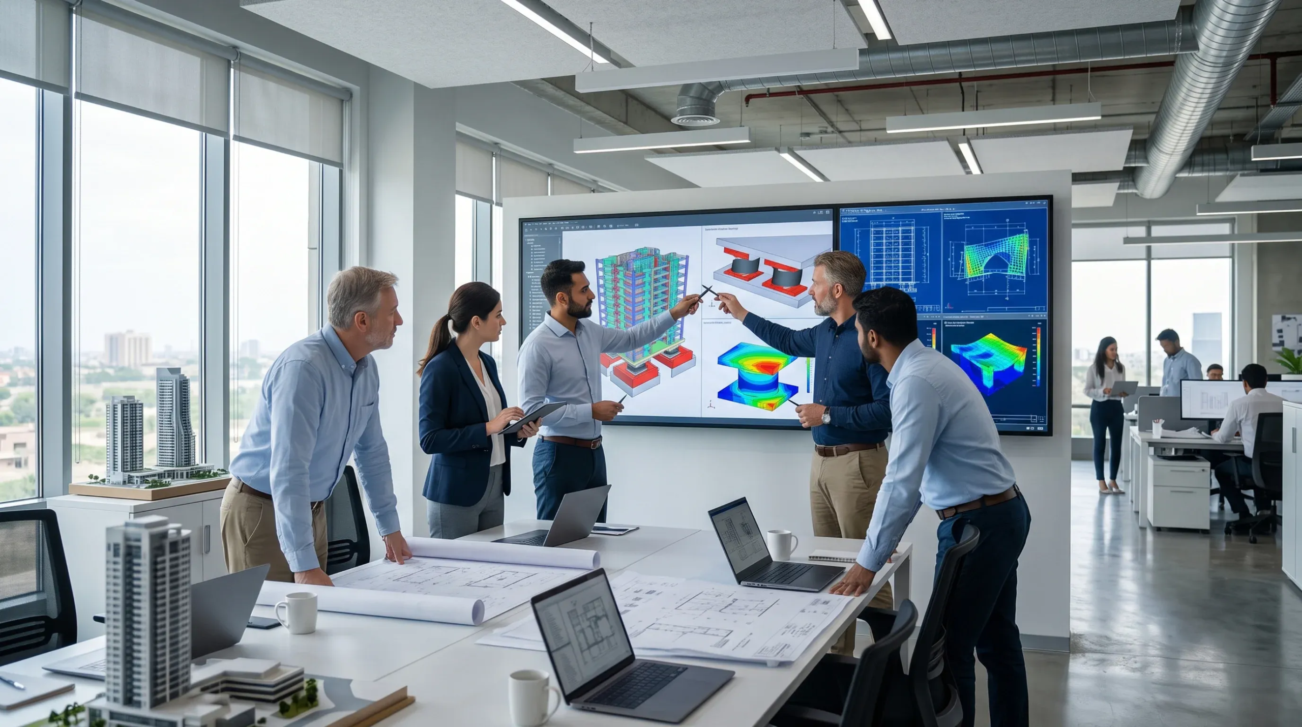 Equipo de arquitectos e ingenieros estructurales colaborando en una oficina moderna, analizando modelos 3D, análisis de esfuerzos estructurales y planos en una pantalla grande, ingeniería colaborativa de RBA Residences en Zapopan.