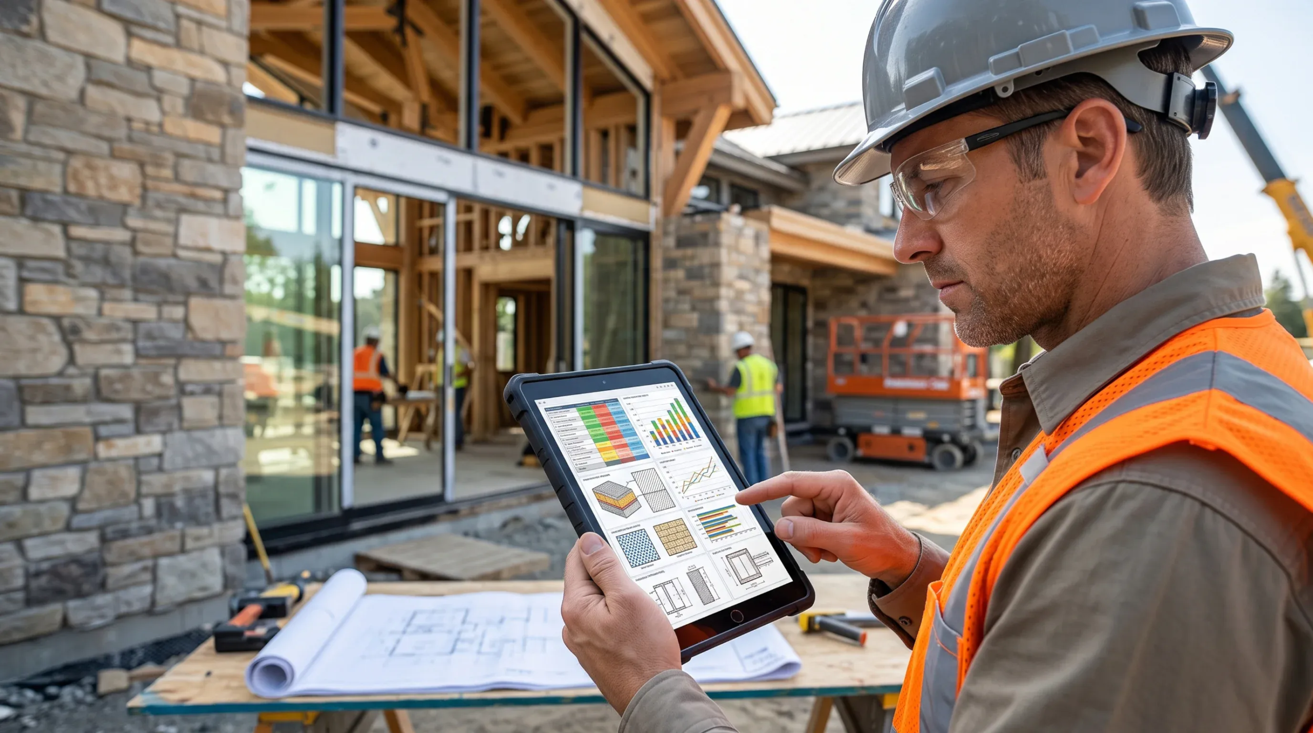 Supervisor de construcción masculino revisando planos arquitectónicos y análisis del proyecto en una tableta digital en un sitio de construcción residencial de lujo, supervisión ejecutiva de RBA Residences en Zapopan.