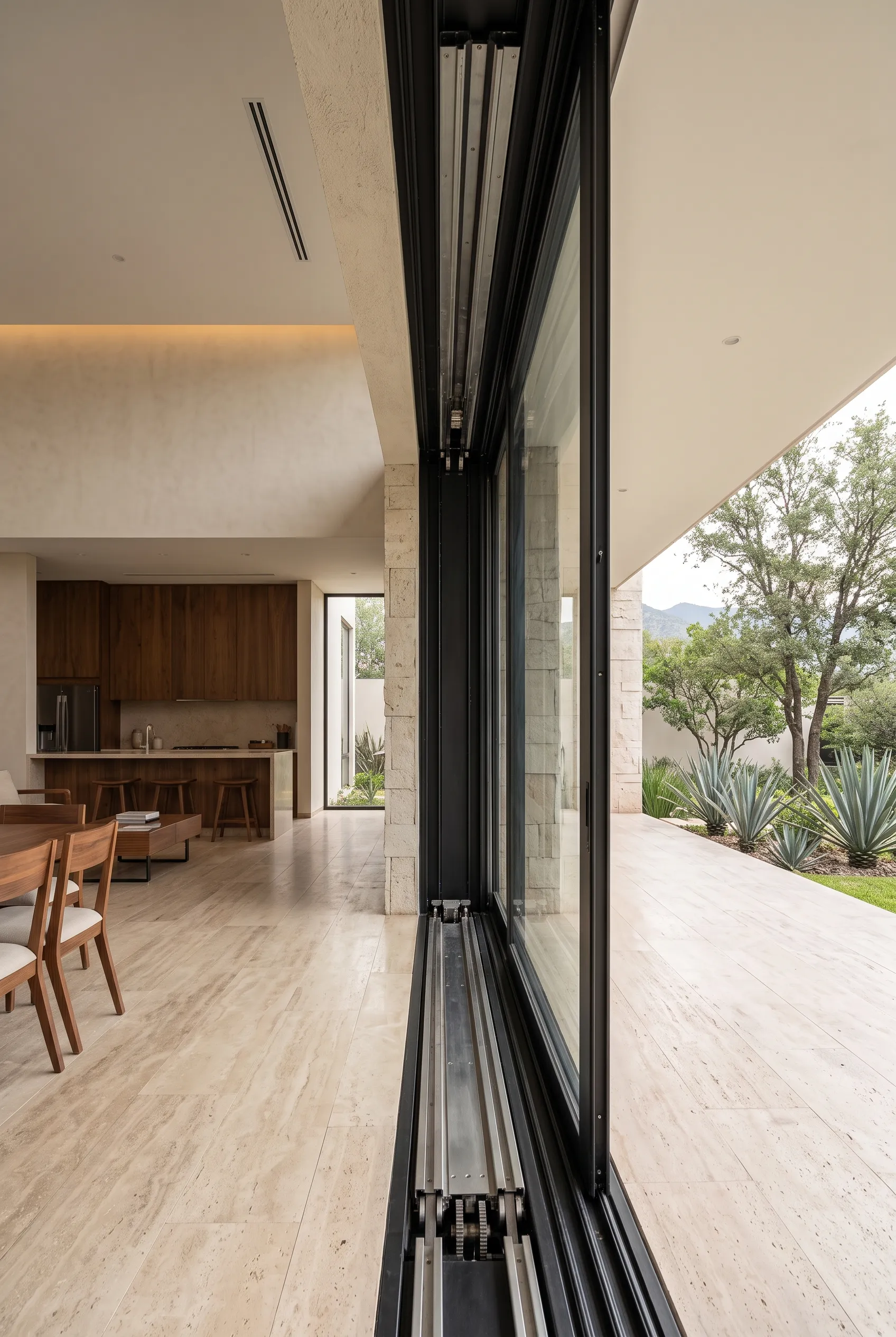 Vista detallada de riel inferior empotrado y mecanismo de riel superior para puertas corredizas de vidrio motorizadas de múltiples paneles, transición fluida de RBA Residences en Zapopan.