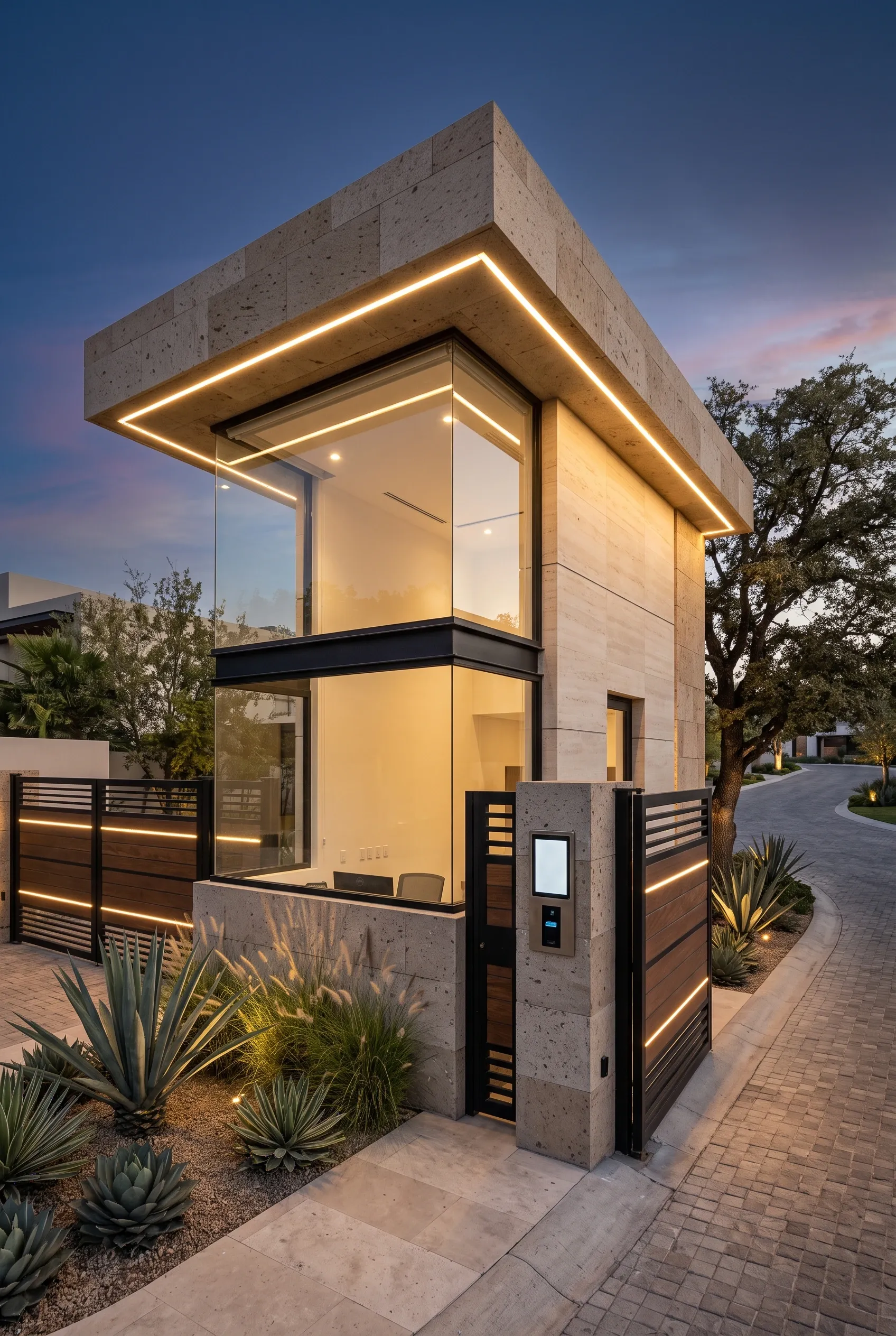 Caseta de seguridad moderna de dos pisos con ventanales de piso a techo, iluminación LED cálida integrada, revestimiento de piedra en fachada y entrada con paisajismo desértico al atardecer, diseño de acceso de RBA Residences en Zapopan.