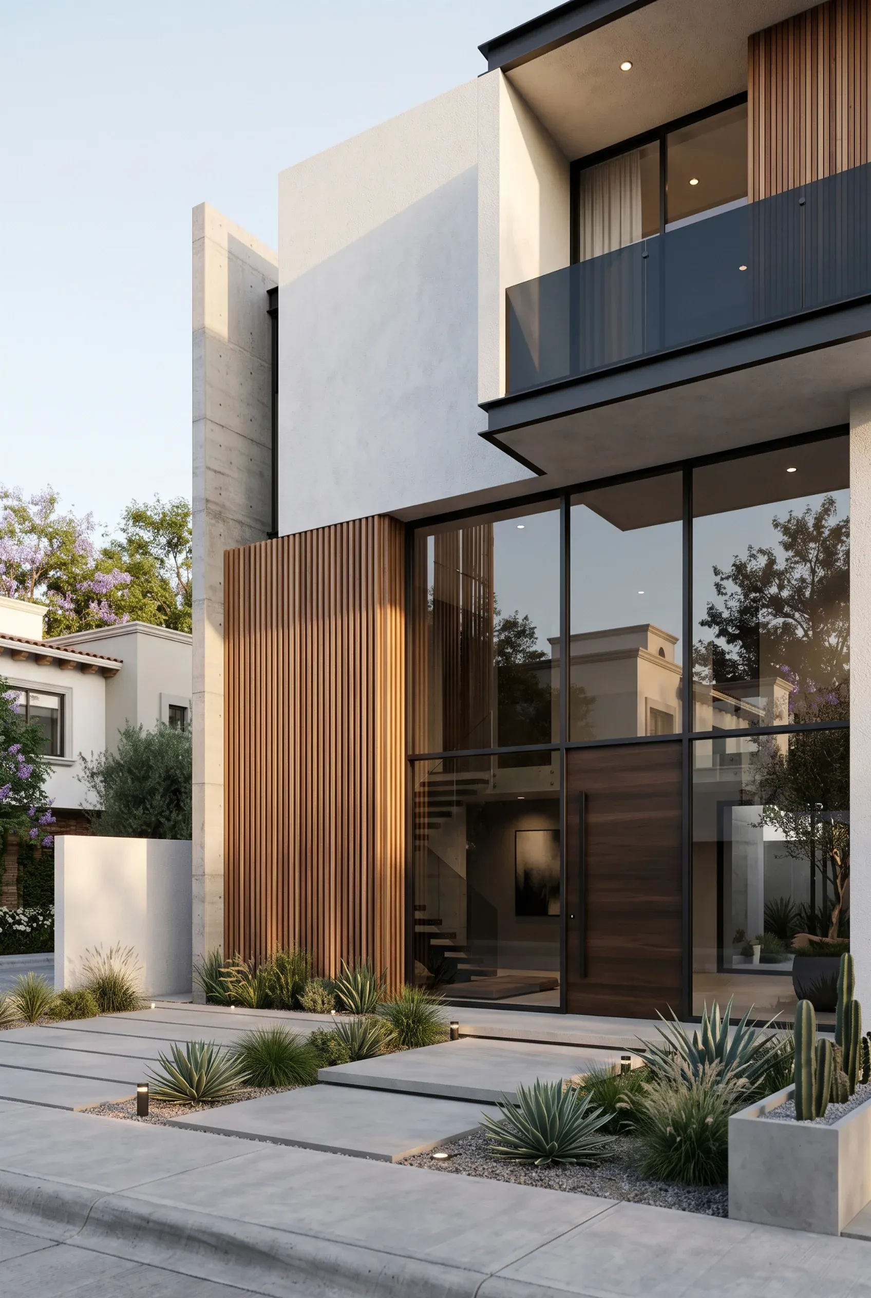 Fachada moderna de casa de lujo con ventanales de piso a techo, listones verticales de madera, puerta de madera y jardinería desértica, diseño de RBA Residences en Zapopan.