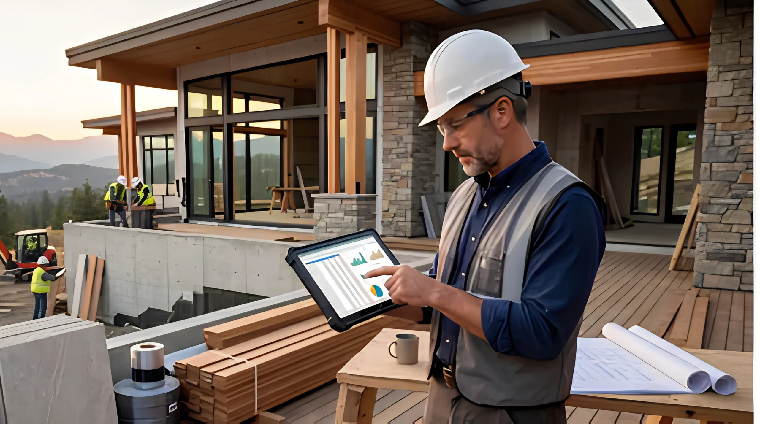 Gerente de construcción con casco y chaleco de seguridad revisando datos del proyecto en una tableta en un sitio de construcción residencial moderno, gestión proactiva de RBA Residences en Zapopan.