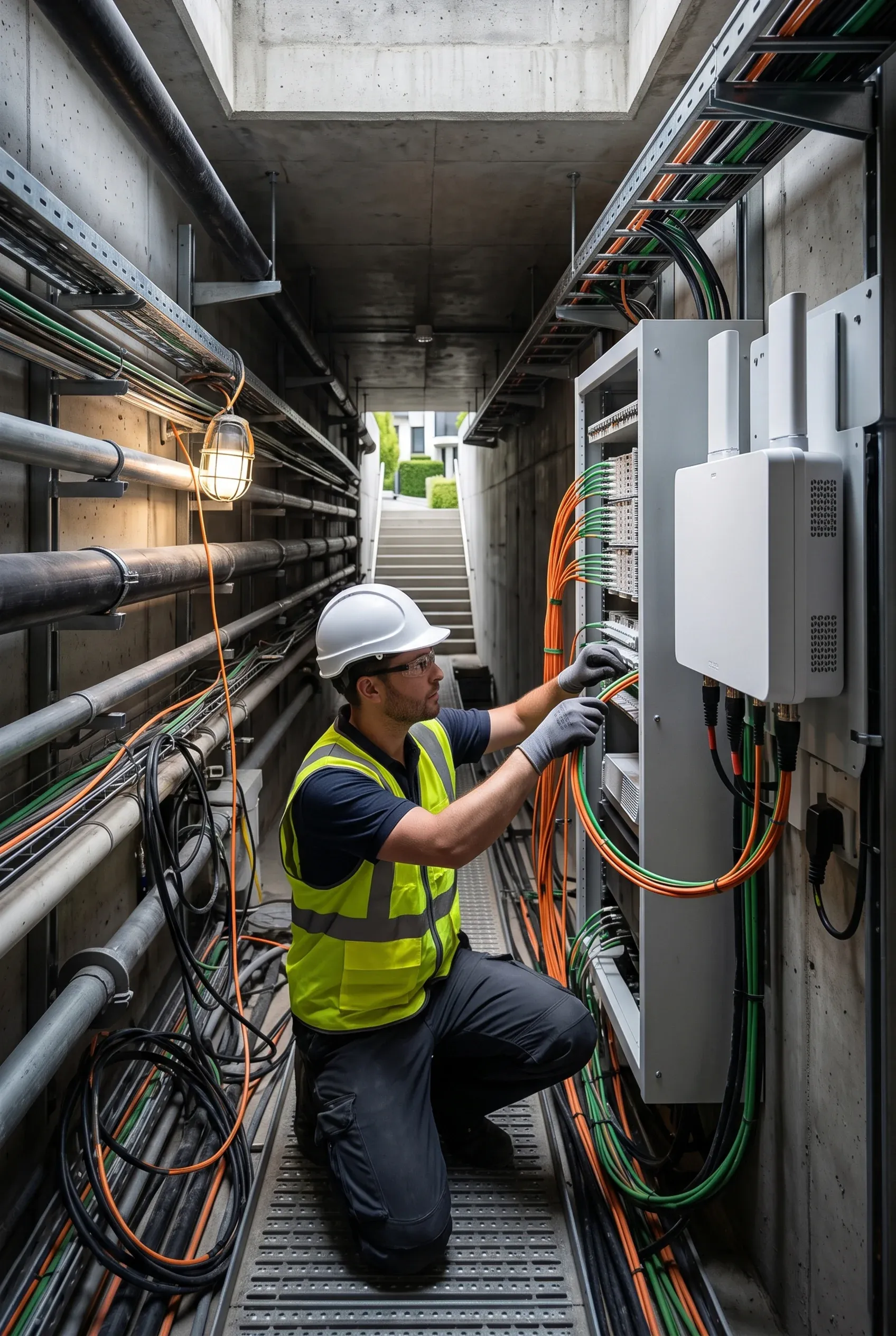 Técnico con casco, gafas de seguridad y chaleco de alta visibilidad inspeccionando conexiones de fibra óptica en un corredor de servicios subterráneo, infraestructura oculta de RBA Residences en Zapopan.
