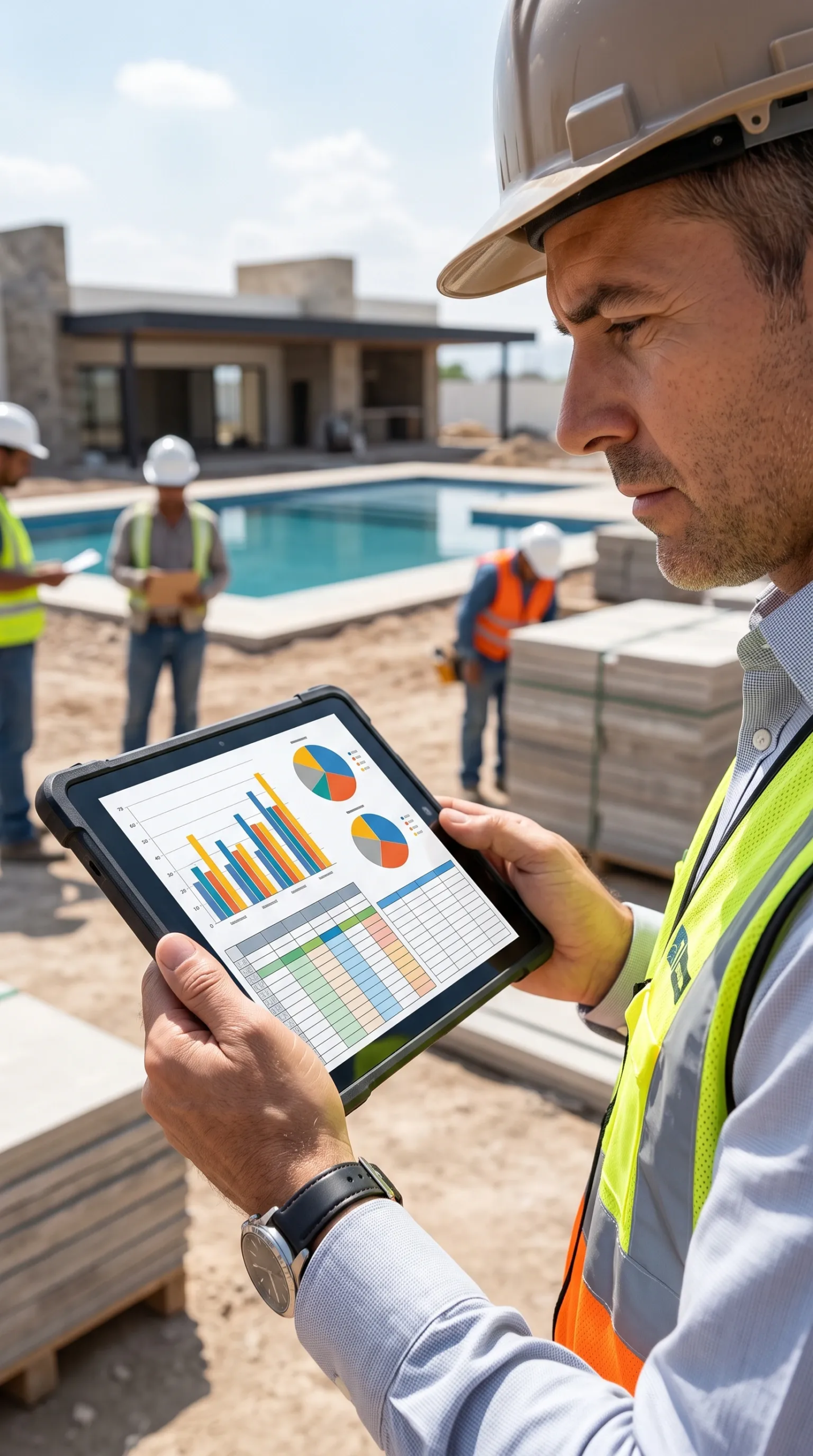Gerente de obra con casco y chaleco de seguridad revisando análisis de construcción y gráficos de progreso en una tableta en un sitio de construcción de alberca residencial, gestión de amenidades de RBA Residences en Zapopan.