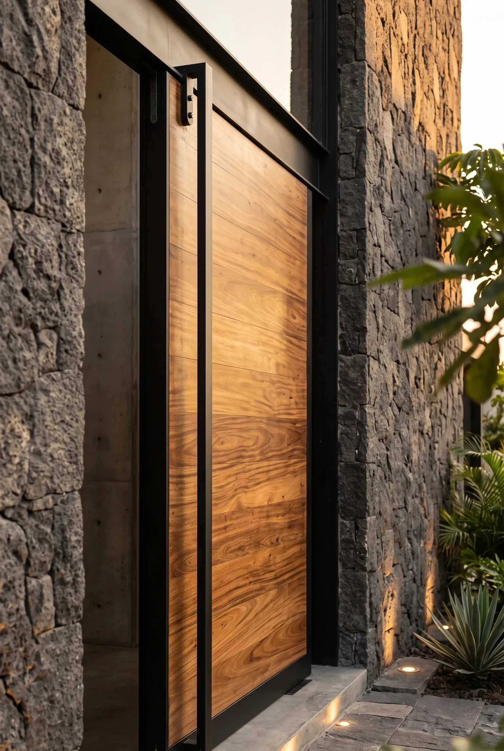 Puerta corrediza moderna de madera con marco de metal negro, manija vertical y revestimiento de piedra natural en la entrada, diseño de accesos de RBA Residences en Zapopan.