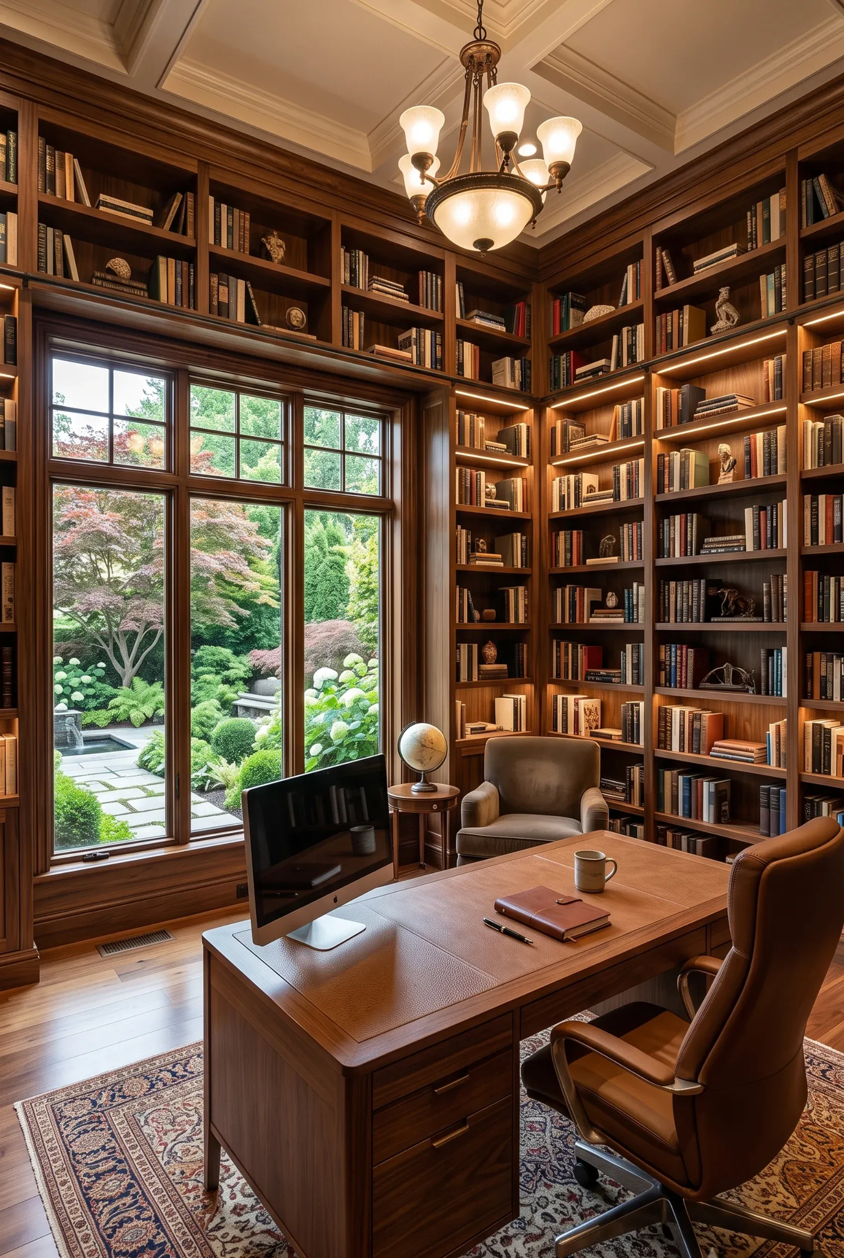 Oficina clásica en casa con libreros de madera a medida de piso a techo, escritorio amplio y vista al jardín paisajístico, diseño de RBA Residences en Zapopan.