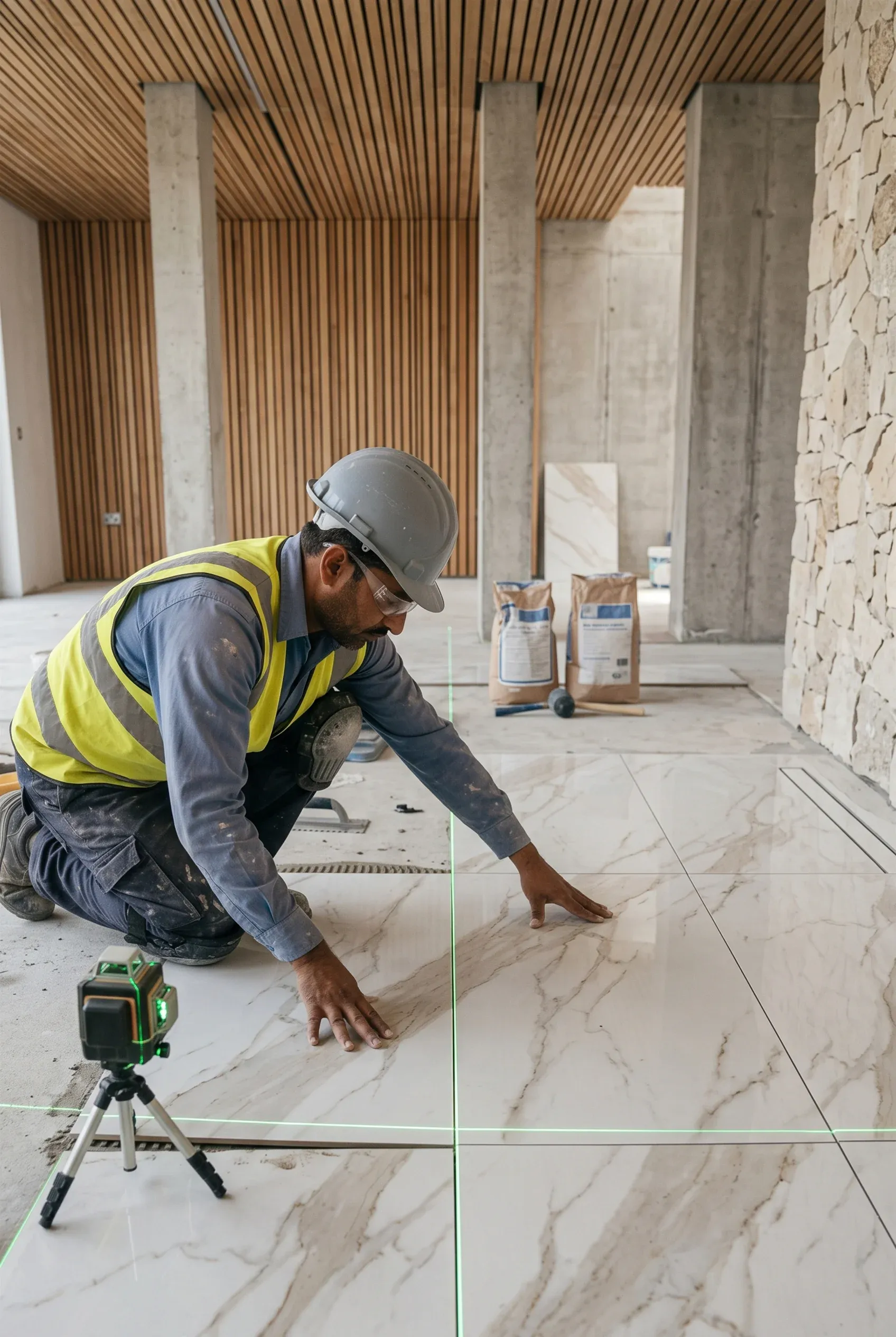 Instalador de losetas con equipo de protección usando un nivel láser para alinear pisos de mármol de gran formato en un interior de lujo, acabados de precisión de RBA Residences en Zapopan.
