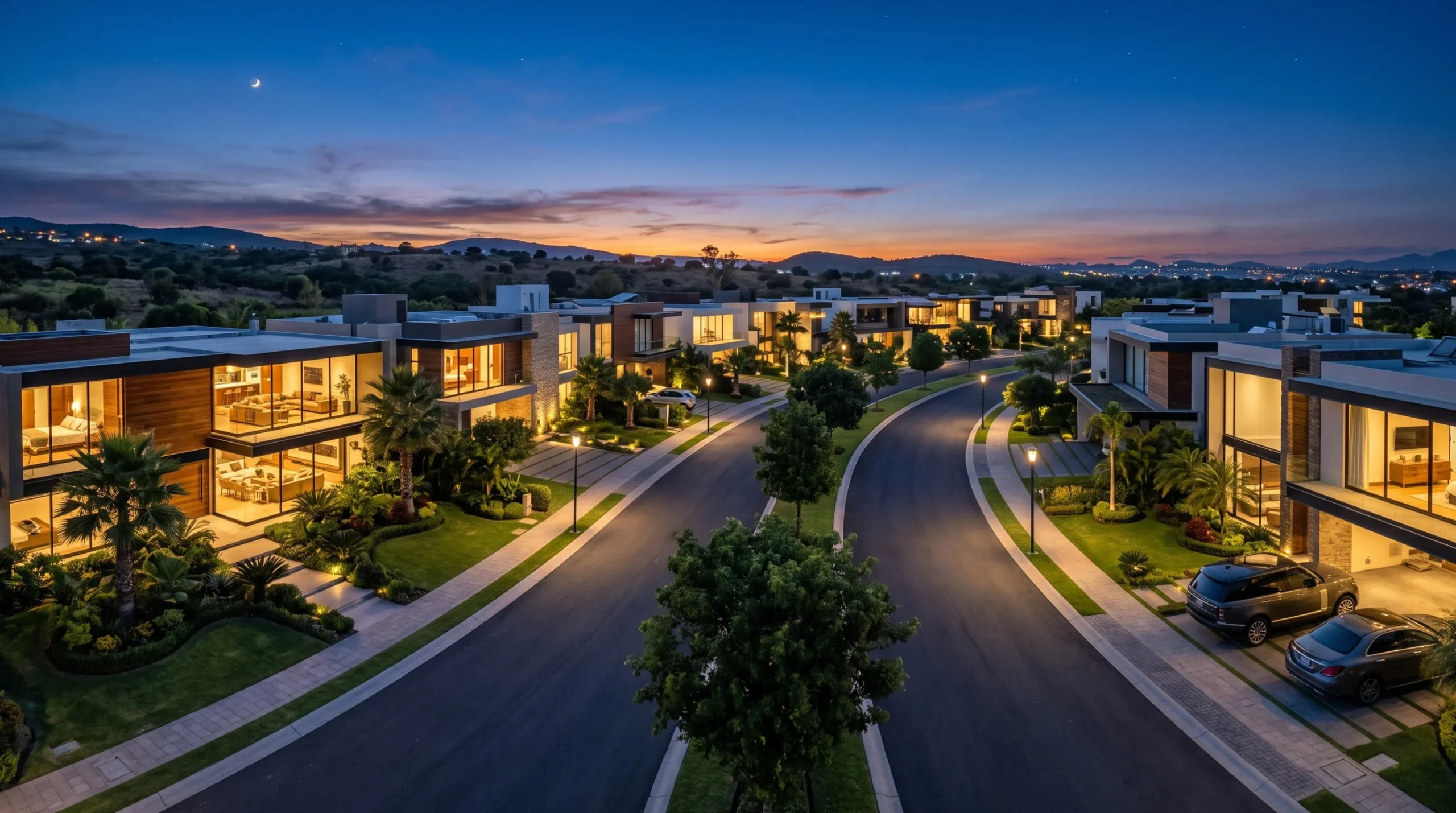Vista aérea al atardecer de un exclusivo vecindario residencial con villas modernas iluminadas, calles pavimentadas y jardines, entorno de RBA Residences en Zapopan.