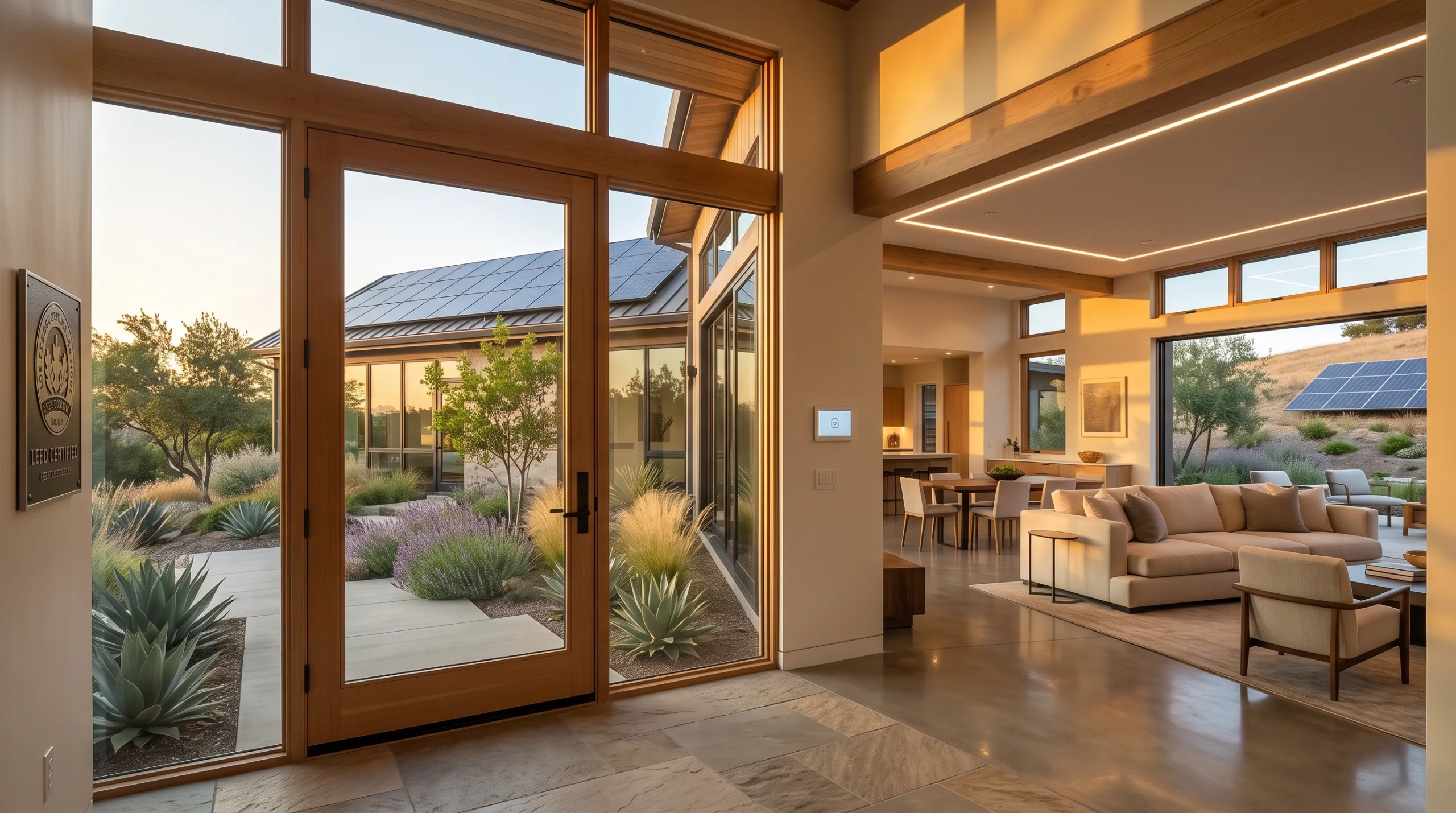 Entrada soleada de residencia ecológica de lujo moderna con gran puerta pivotante de vidrio, vigas de madera cálida, panel de control inteligente, patio con jardín resistente a la sequía y espacio de techos altos iluminado por luz dorada con paneles solares visibles, experiencia de llegada de RBA Residences en Zapopan.