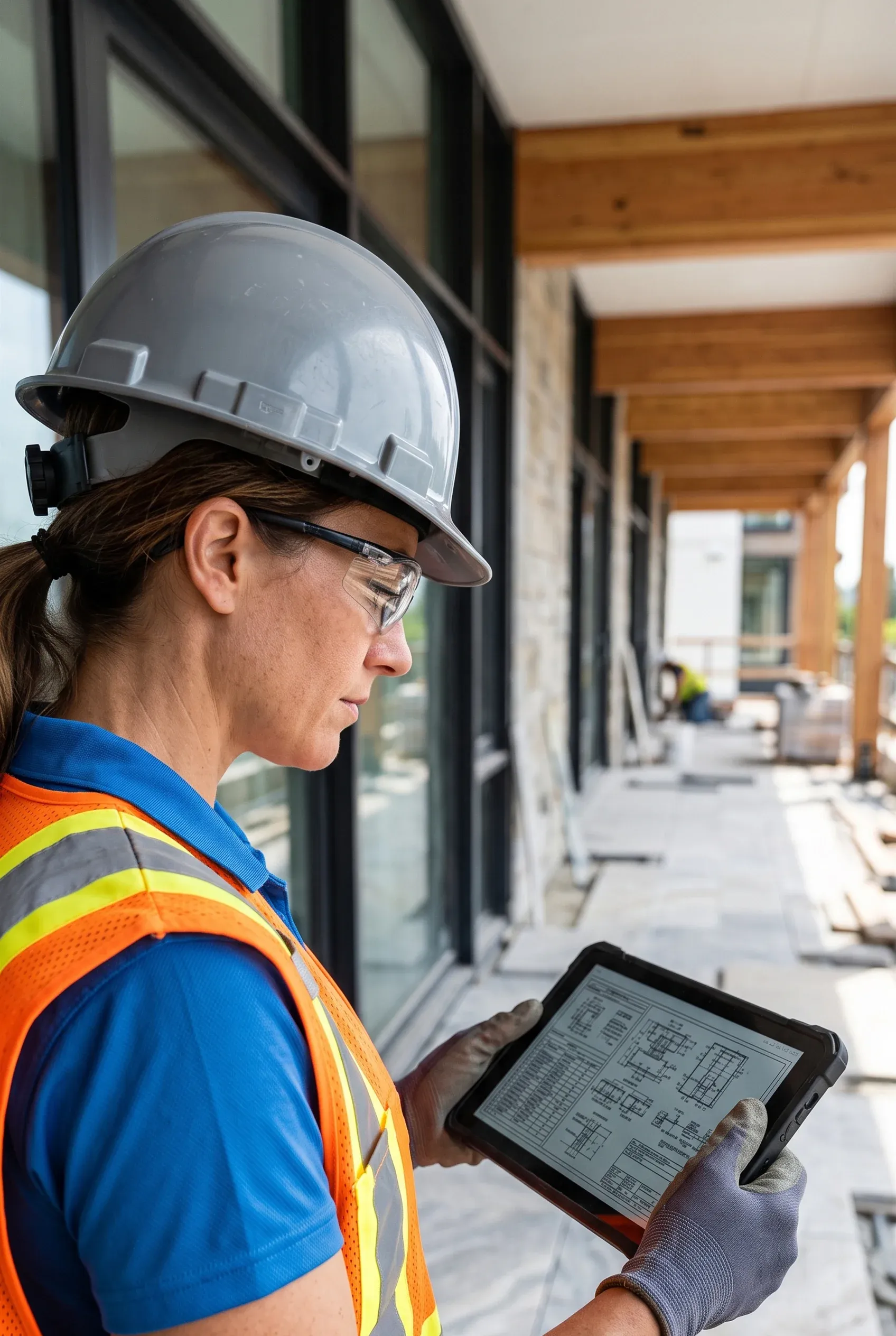 Inspector de obra con gafas de seguridad, casco gris y chaleco de alta visibilidad revisando planos digitales en una tableta a lo largo de un corredor de edificio en construcción, control de calidad interior de RBA Residences en Zapopan.