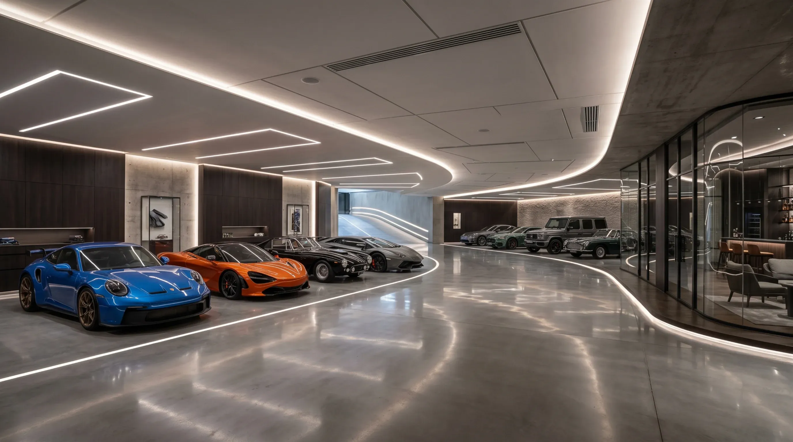 Garaje subterráneo elegante con autos deportivos de lujo sobre pisos de concreto pulido, iluminación LED curva en el techo, divisiones de vidrio y rampa hacia el nivel superior, galería automotriz de RBA Residences en Zapopan.
