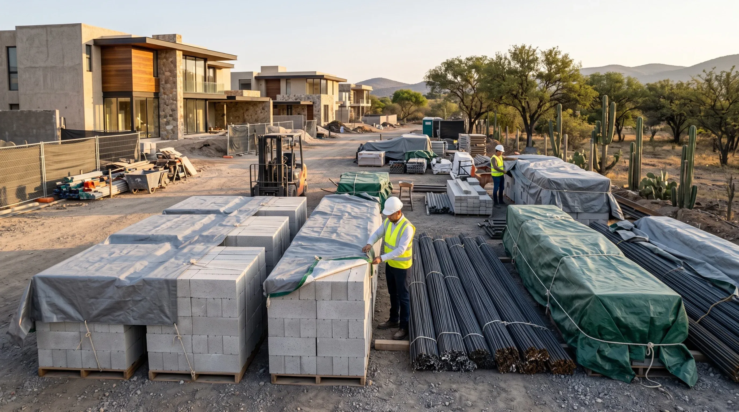 Trabajadores cubriendo materiales de construcción y bloques de concreto con lonas en un desarrollo residencial, protección de obra de RBA Residences en Zapopan.