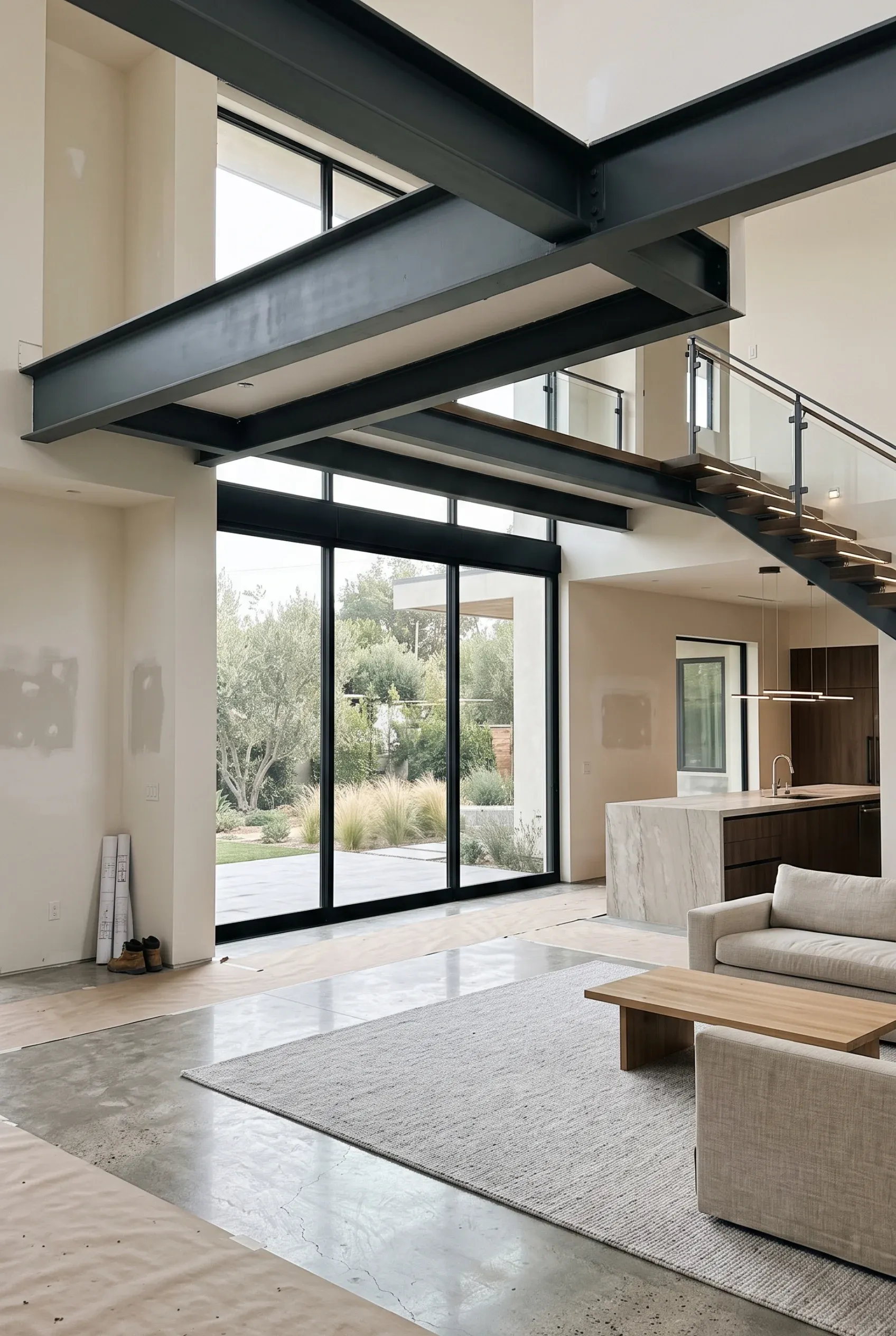 Espacio abierto moderno con vigas I de acero negro expuestas, techos altos, puertas de vidrio de piso a techo y pisos de concreto pulido, diseño interior de RBA Residences en Zapopan.