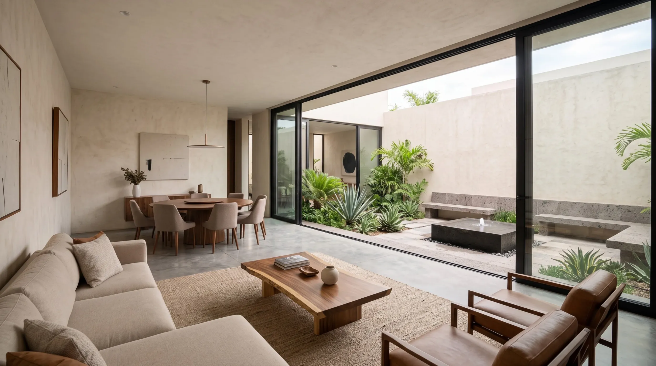 Sala y comedor minimalista moderno con puertas corredizas de vidrio que abren a un patio interior ajardinado con fuente de agua y plantas exuberantes, diseño biofílico de RBA Residences en Zapopan.