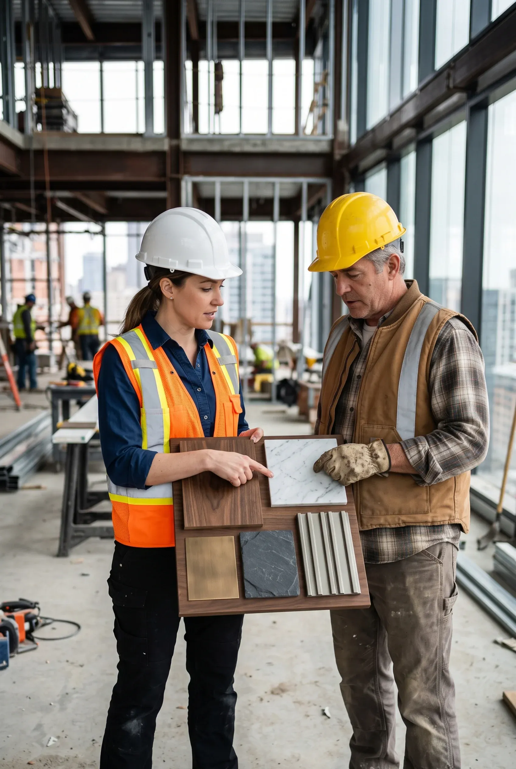 Arquitectos revisando muestras de materiales premium en un tablero dentro de una obra en construcción, selección de acabados de RBA Residences en Zapopan.
