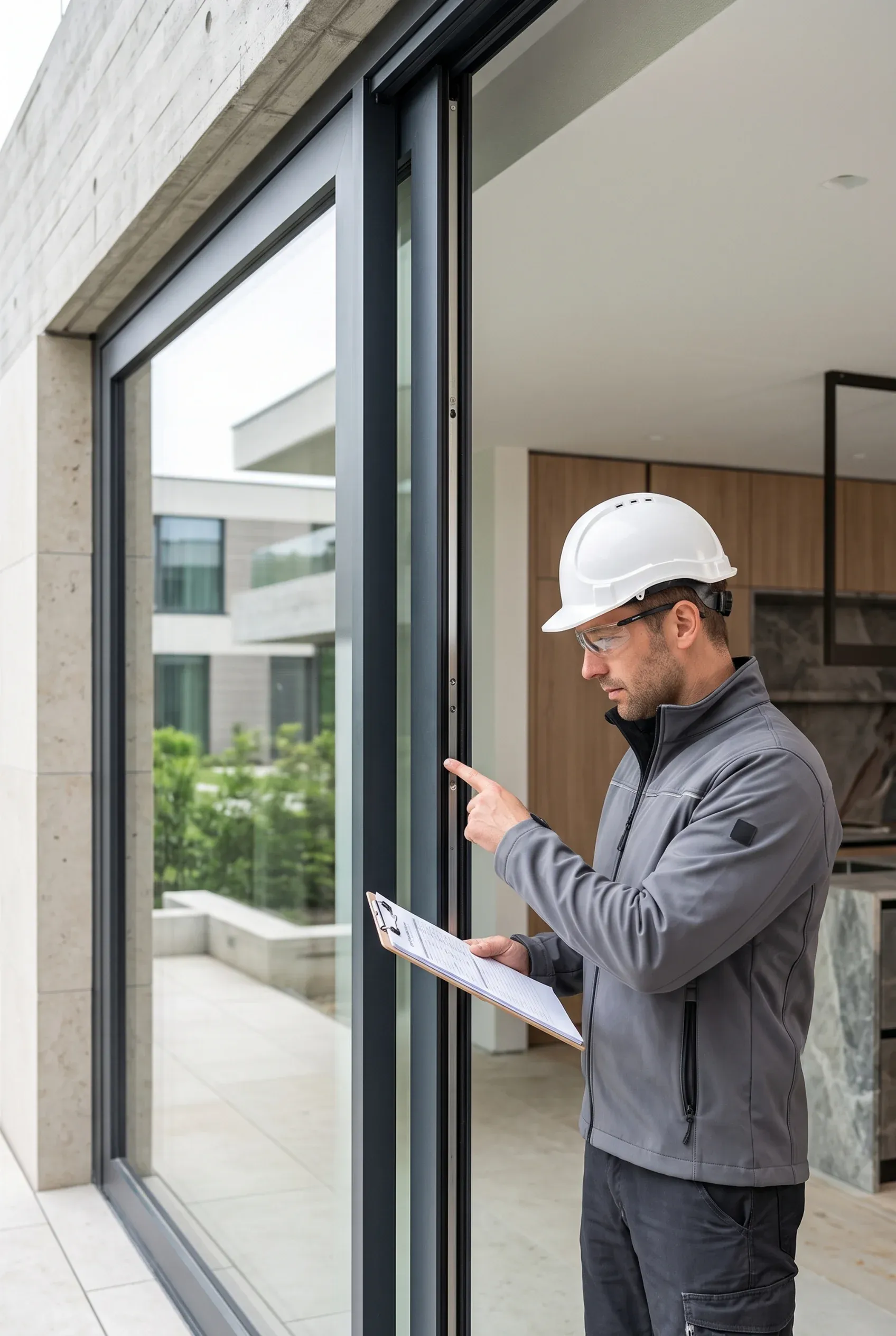 Inspector de construcción con tabla de inspección examinando el riel de una gran puerta corrediza de vidrio, control de calidad de RBA Residences en Zapopan.
