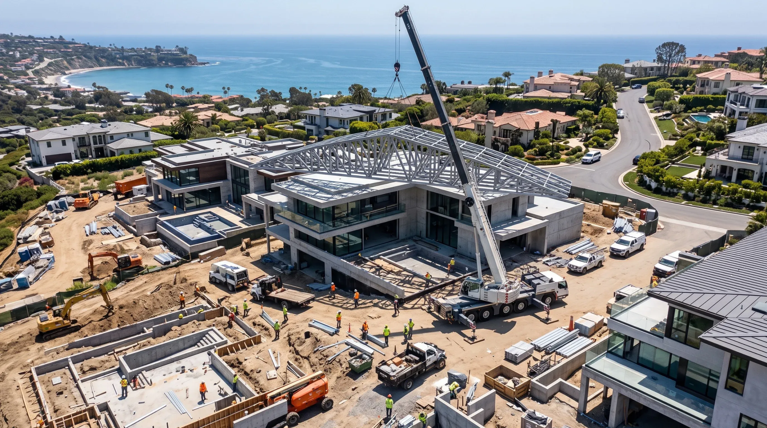 Vista aérea de construcción de casa de lujo costera con grúa móvil elevando armaduras de acero sobre un edificio moderno de dos niveles, ejecución estructural de RBA Residences en Zapopan.