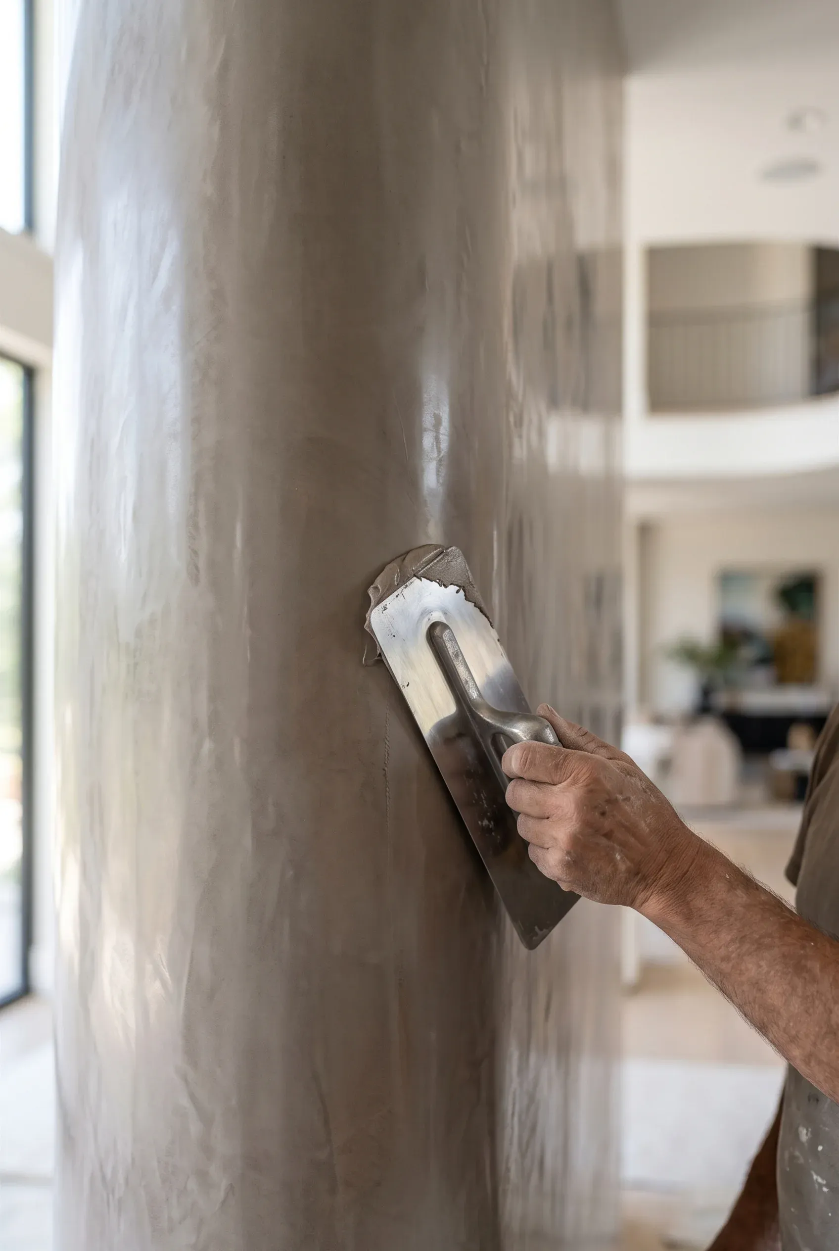 Artesano aplicando acabado de estuco veneciano liso en una columna curva interior con llana, acabados artesanales de RBA Residences en Zapopan.
