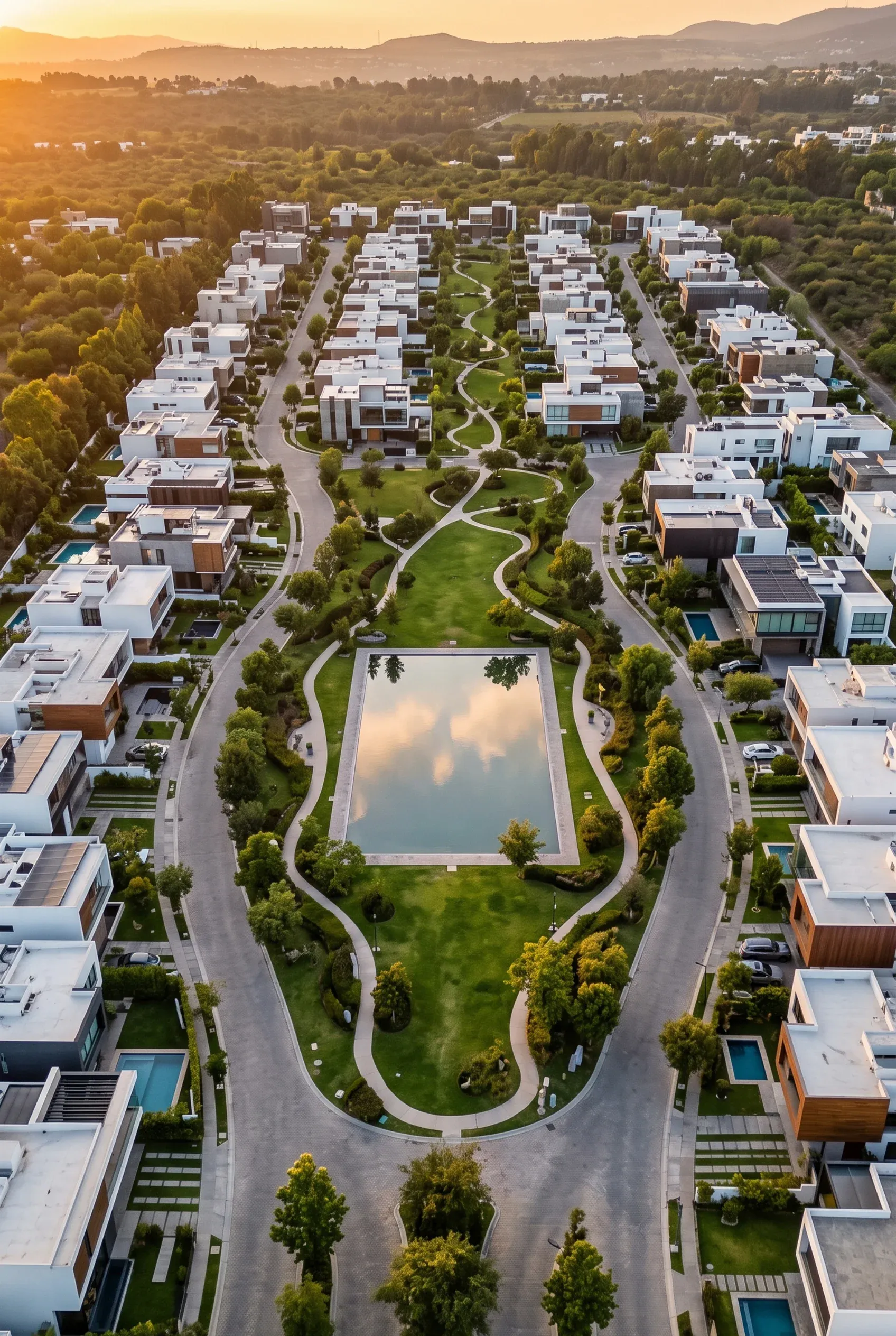 Vista aérea al atardecer de un vecindario residencial de lujo moderno con parque central verde y estanque reflectante, desarrollo de RBA Residences en Zapopan.