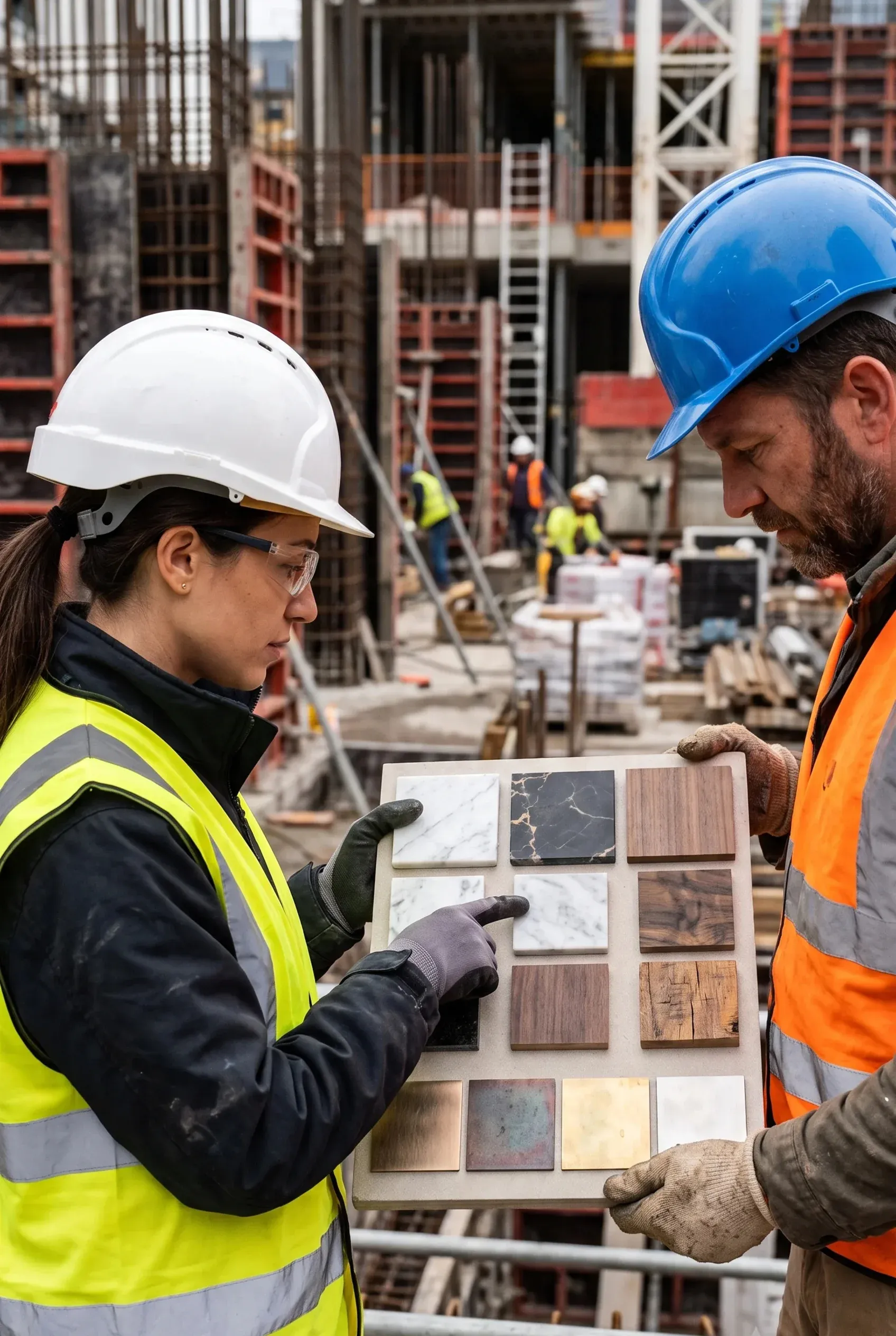 Ingenieros de sitio evaluando muestras de acabados arquitectónicos como mármol, madera y metal bajo luz natural en una obra, validación contextual de RBA Residences en Zapopan.