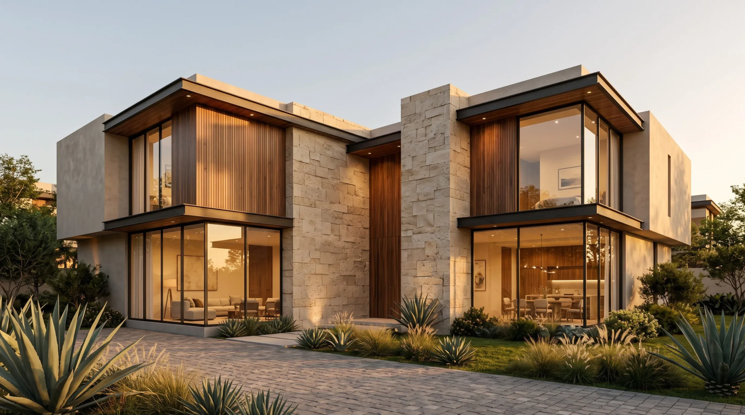 Fachada moderna de casa de lujo con ventanales de piso a techo, revestimiento de madera, muros de piedra y paisajismo desértico nativo, diseño de RBA Residences en Zapopan.