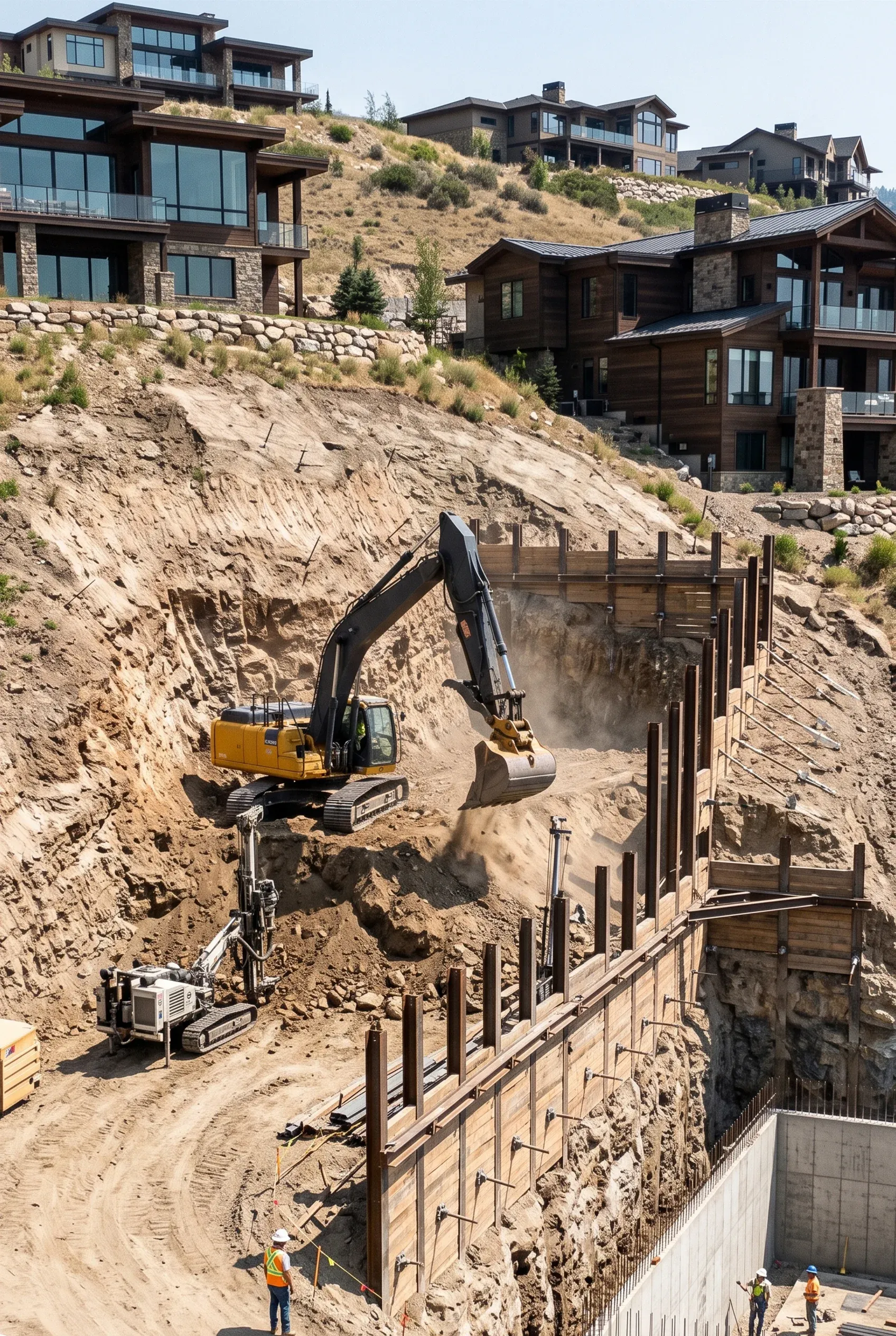 Excavadora y perforadora sobre orugas excavando una ladera para una residencia de lujo en la montaña, con muros de contención de pilotes de acero y anclajes de tirante sobre cimentación de concreto, ingeniería en terrenos complejos de RBA Residences en Zapopan.